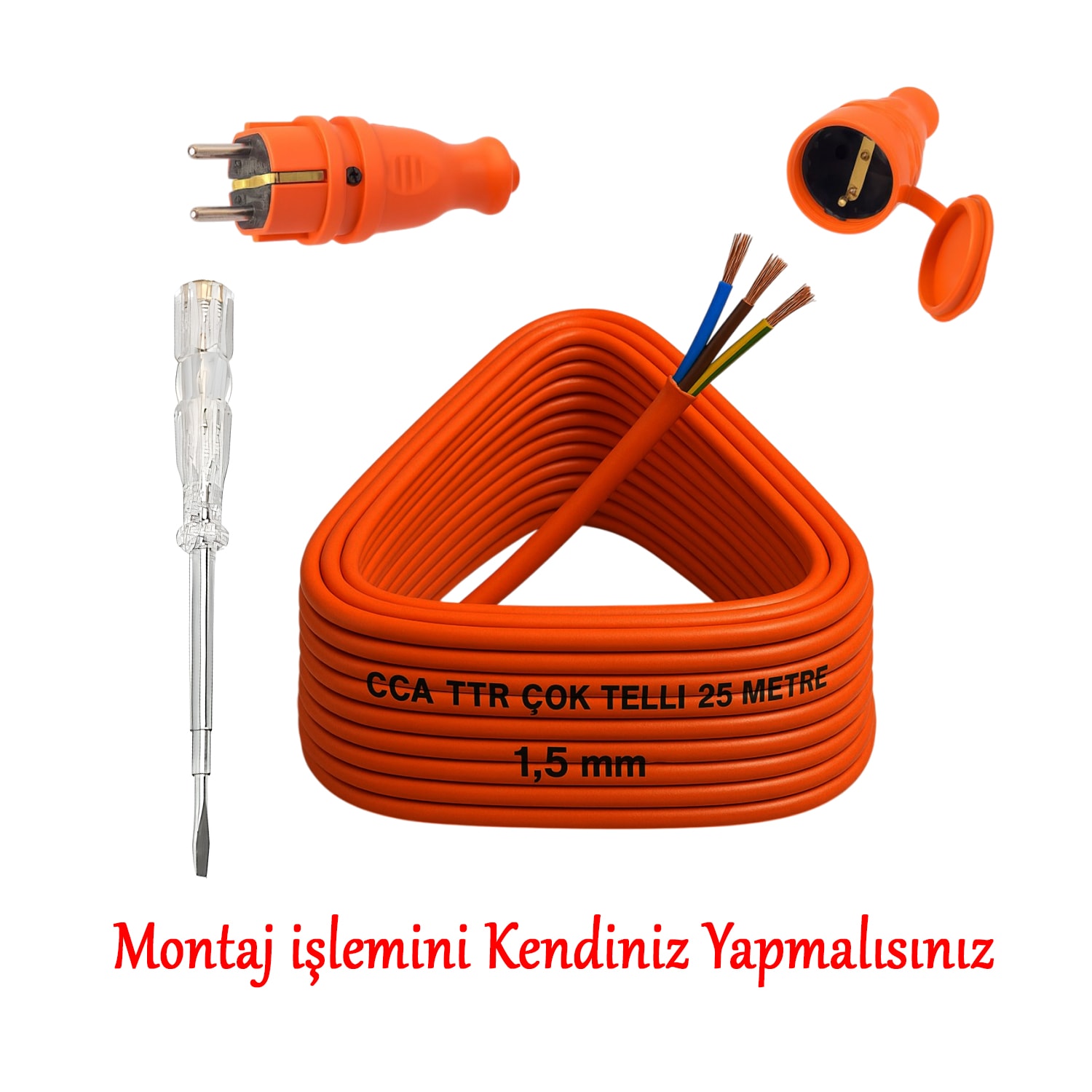 Seyyar 25 Metre Uzatma Kablosu TTR CCA Telli 3x1.5 mm Elektrik Kablo Kontrol Kalem Dişi Erkek Fiş