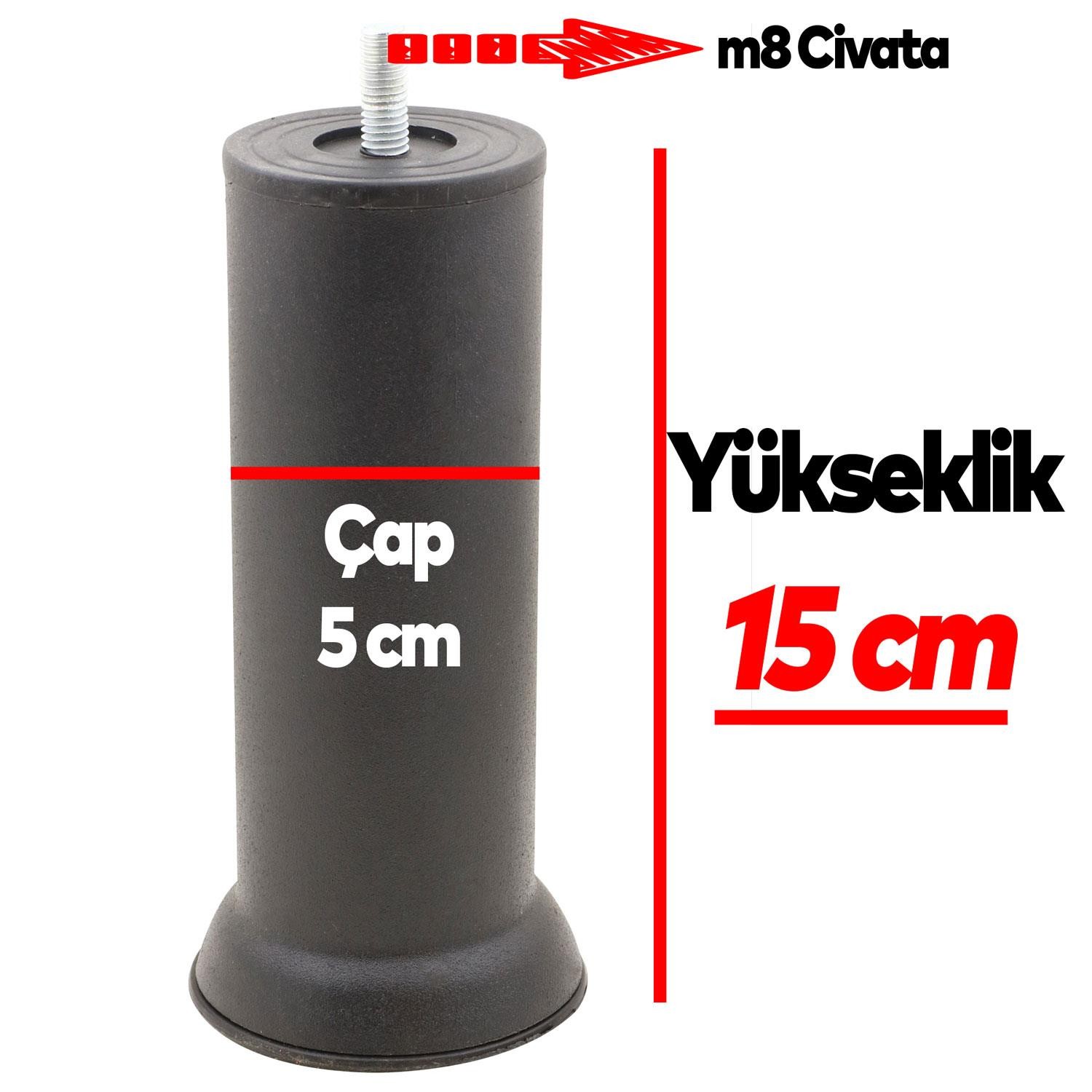 Mobilya Baza Kanepe Koltuk Çekyat Yüksetlme Ayağı M8 Ince Diş Siyah Ayakları 15 Cm Metal (12 ADET)