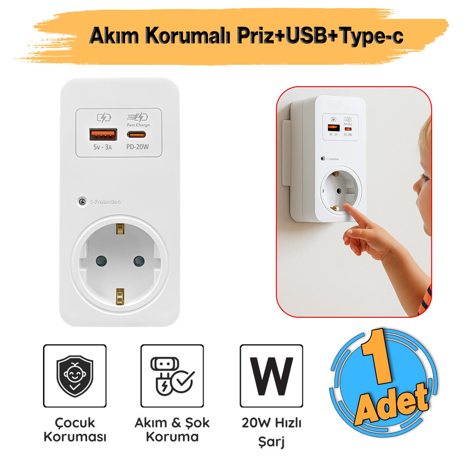 Akım Şok Korumalı Tekli Priz USB TYPE-C Çoçuk Korumalı Fiş Telefon Hızlı Şarj Soketi 720 Joule