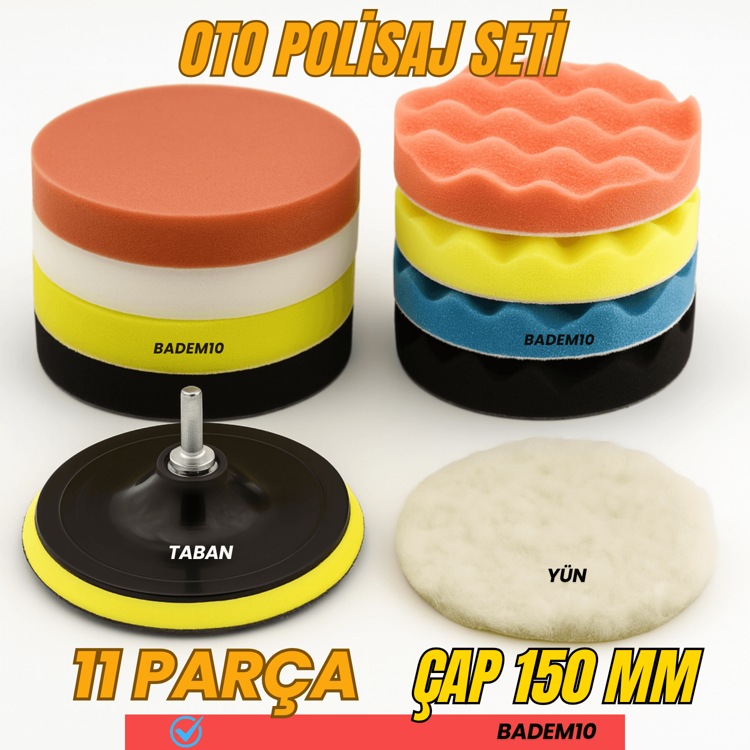 Pasta Cila Polisaj Süngeri Seti Büyük Boy 11 Parça 150mm Matkap Uyumlu Oto Seramik Wax Parlatma Pedi
