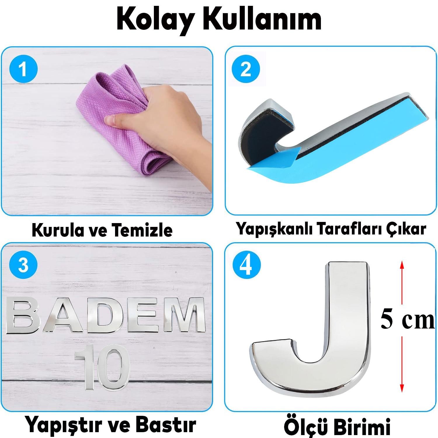 Harf Yapışkanlı J Harfi 5 cm Kapı Oda Posta Kutusu Oto Araç Harfi Yazısı Parlak Krom Gümüş 