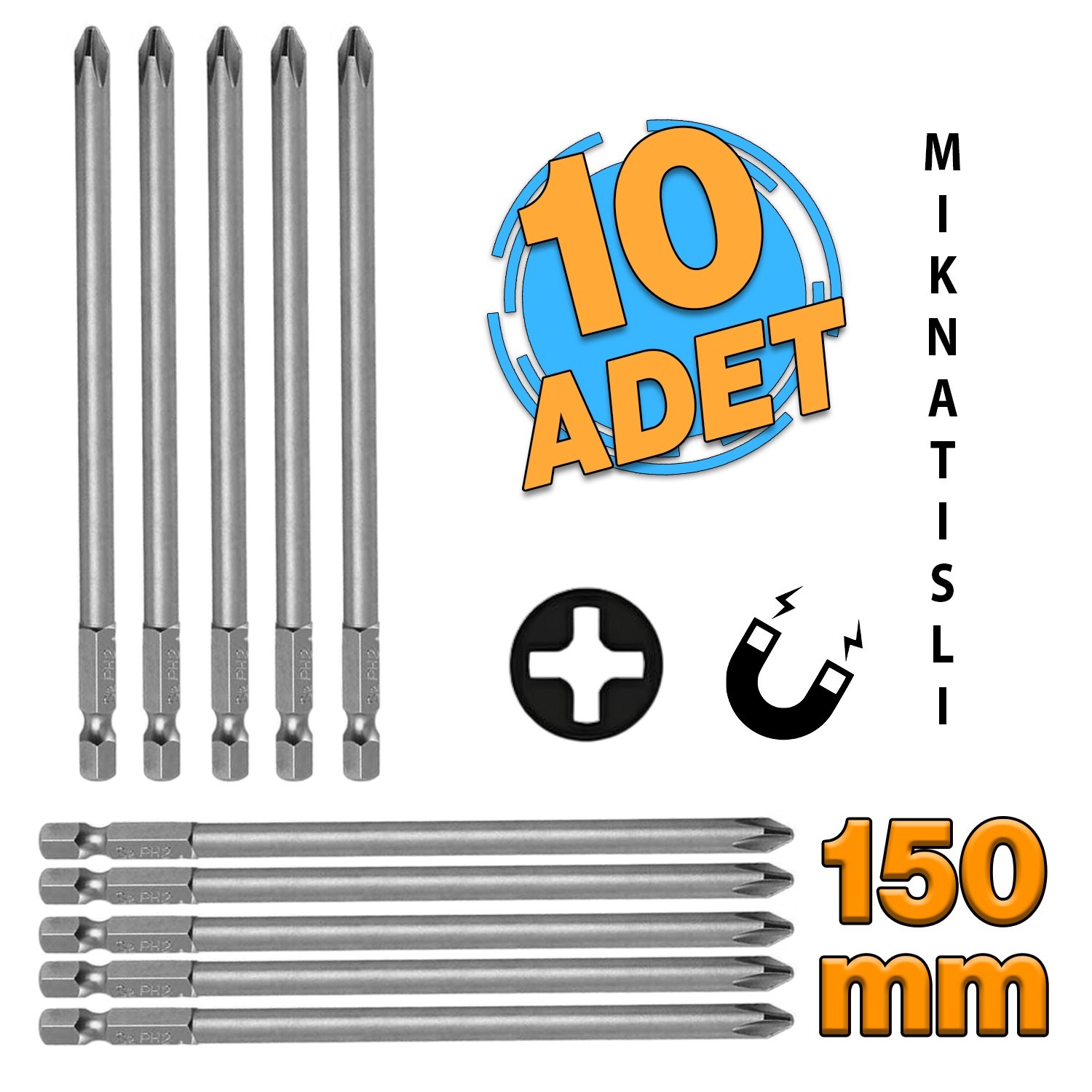 Mıknatıslı Yıldız PH2 Bits Uç 150 mm 10'lu Set Kutulu Manyetik 1/4" Matkap Ucu 15 cm Uzunluk