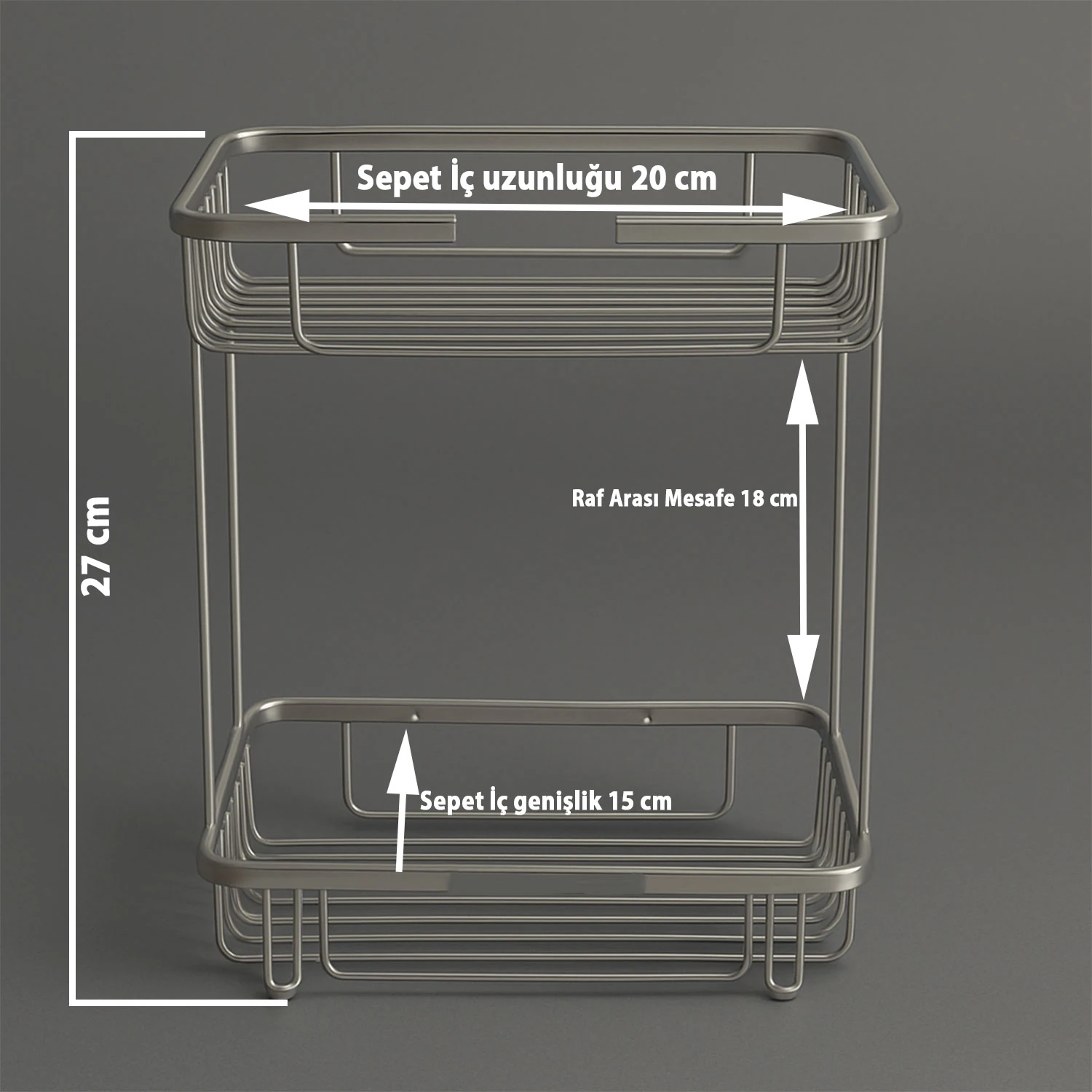 İki Katlı Krom Banyo Şampuanlık Kare Tasarım Çift Kat Duş Rafı Paslanmaz Metal Duvar Organizeri
