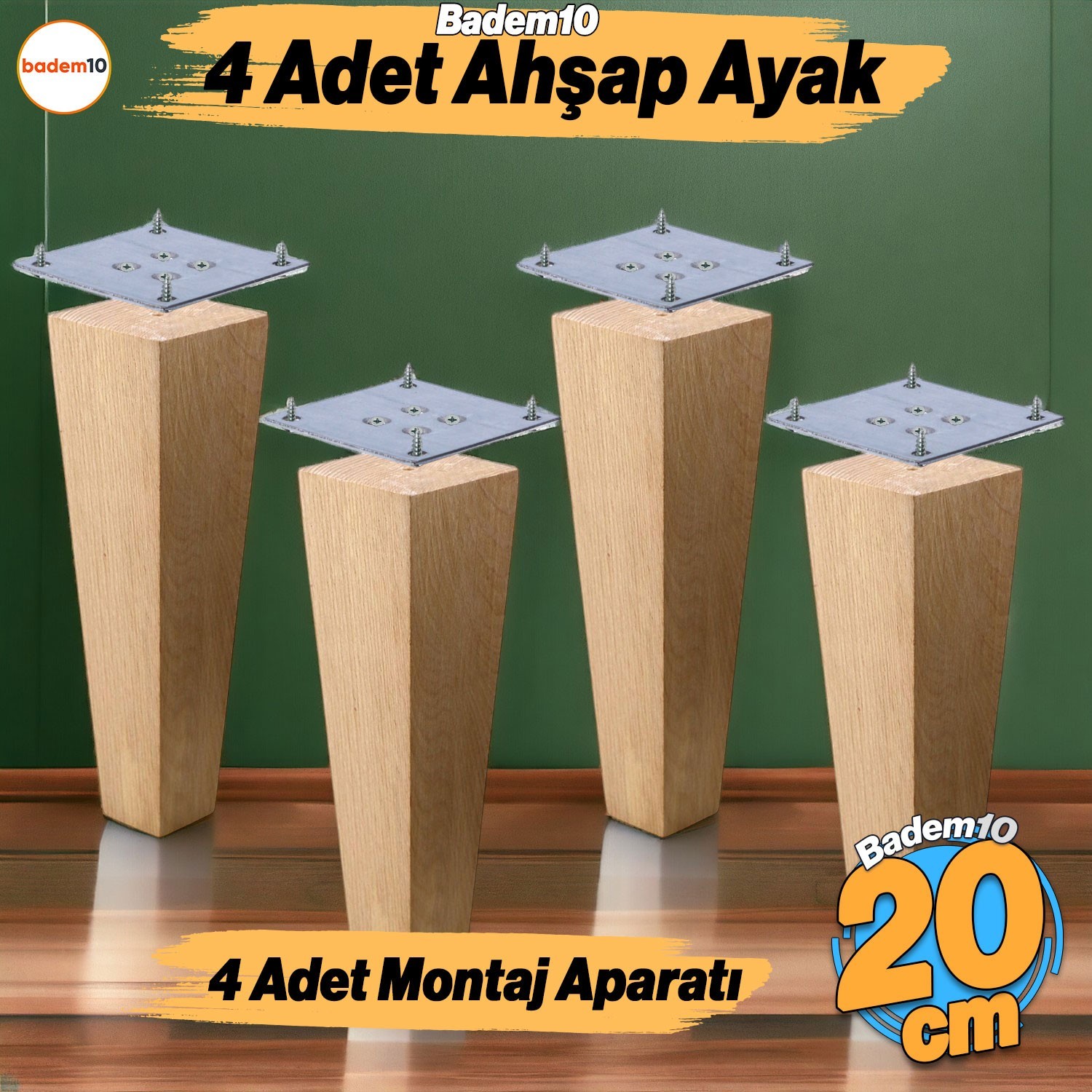 Ahşap Ayak 4 Adet 20 cm Kare Bağlantı Aparatı Dahil Mobilya Koltuk Kanepe Sehpa Masa Ayağı Ayakları