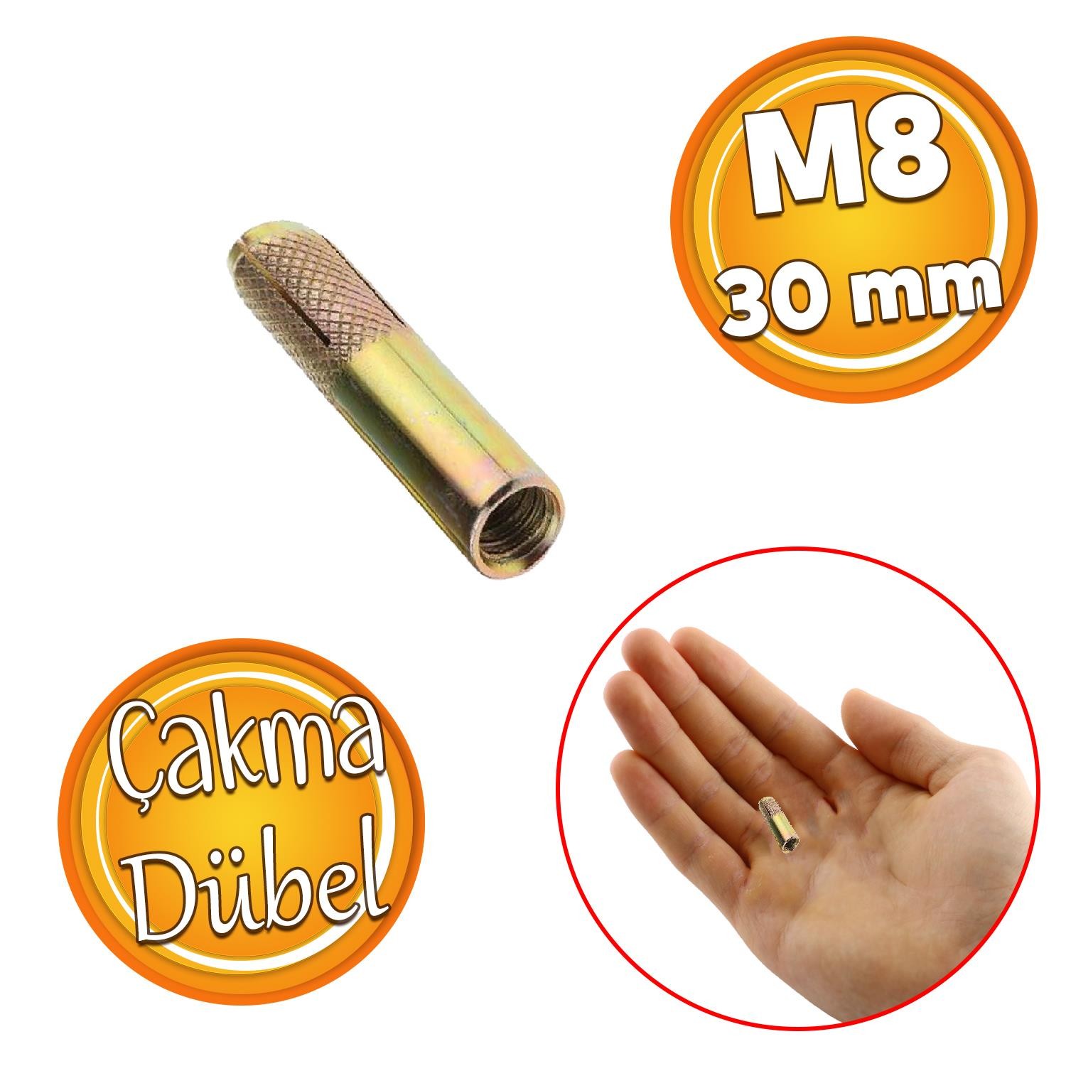 Çakma Çelik Dübel 8 Adet İç Dişli M8x30 mm Raf İskele Montaj Bağlantı Monte Tavan Asma Aparat
