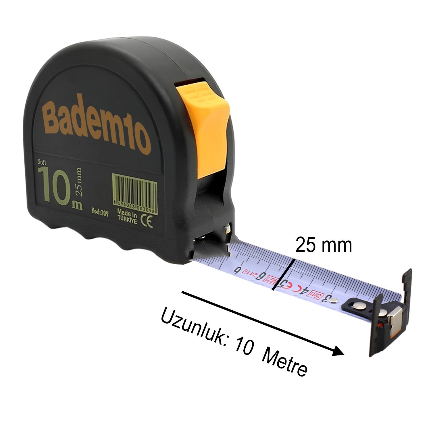 Şerit Metal Metre 10 metre En 25 mm Düğmeli Ölçüm Ölçme Yumuşak Plastik Kasalı Yüksek Kalite