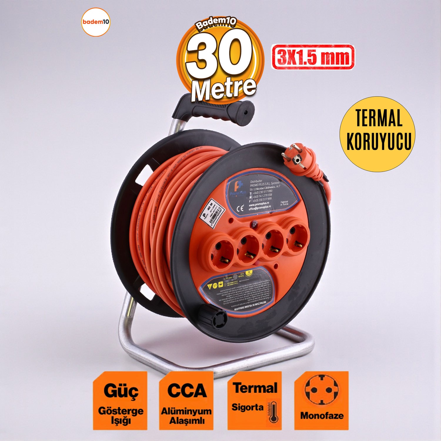 Plastik Makaralı Uzatma Kablosu 3x1.5 mm 30 Metre Termal Sigortalı 4 Prizli CCA Monofaze Seyyar