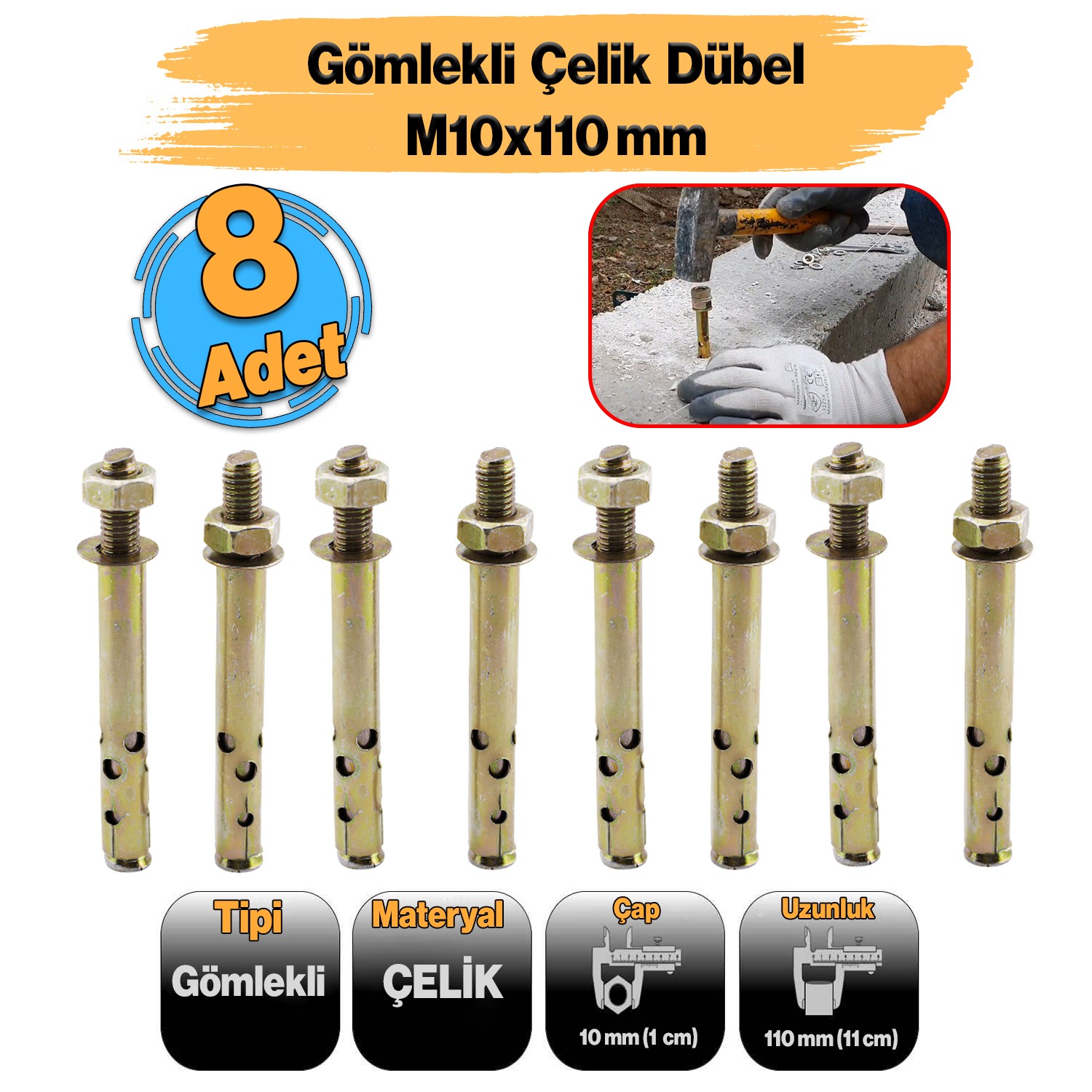 Saplamalı Gömlek Çelik Dübel M10x110 mm Raf Montaj Bağlantı Zemin Monte Tavan Asma Aparat 8 Adet