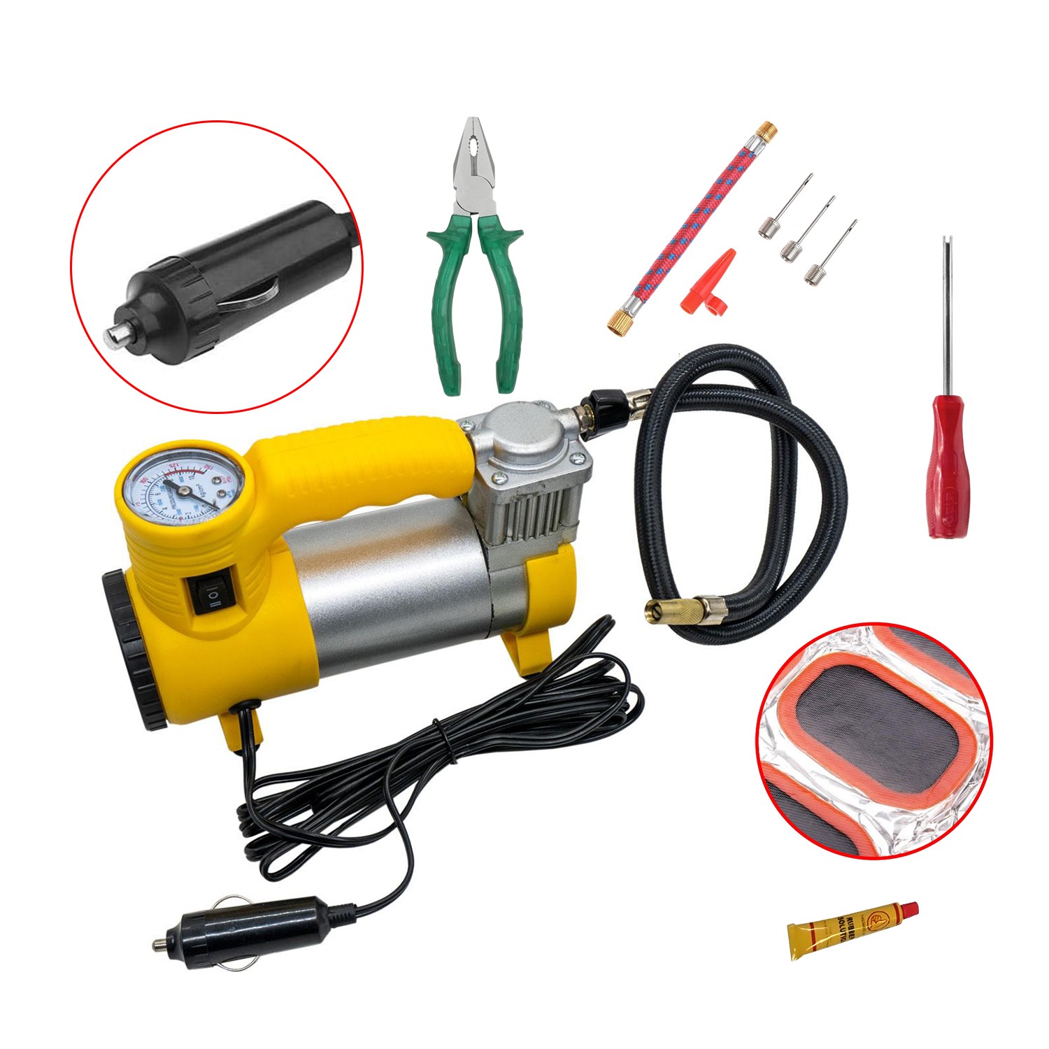 Metal Hava Kompresörü 150 Psı 12V Araç Tipi Çakmaklık Sibop Sökme Lastik Yapıştırma Solüsyon 5 Set