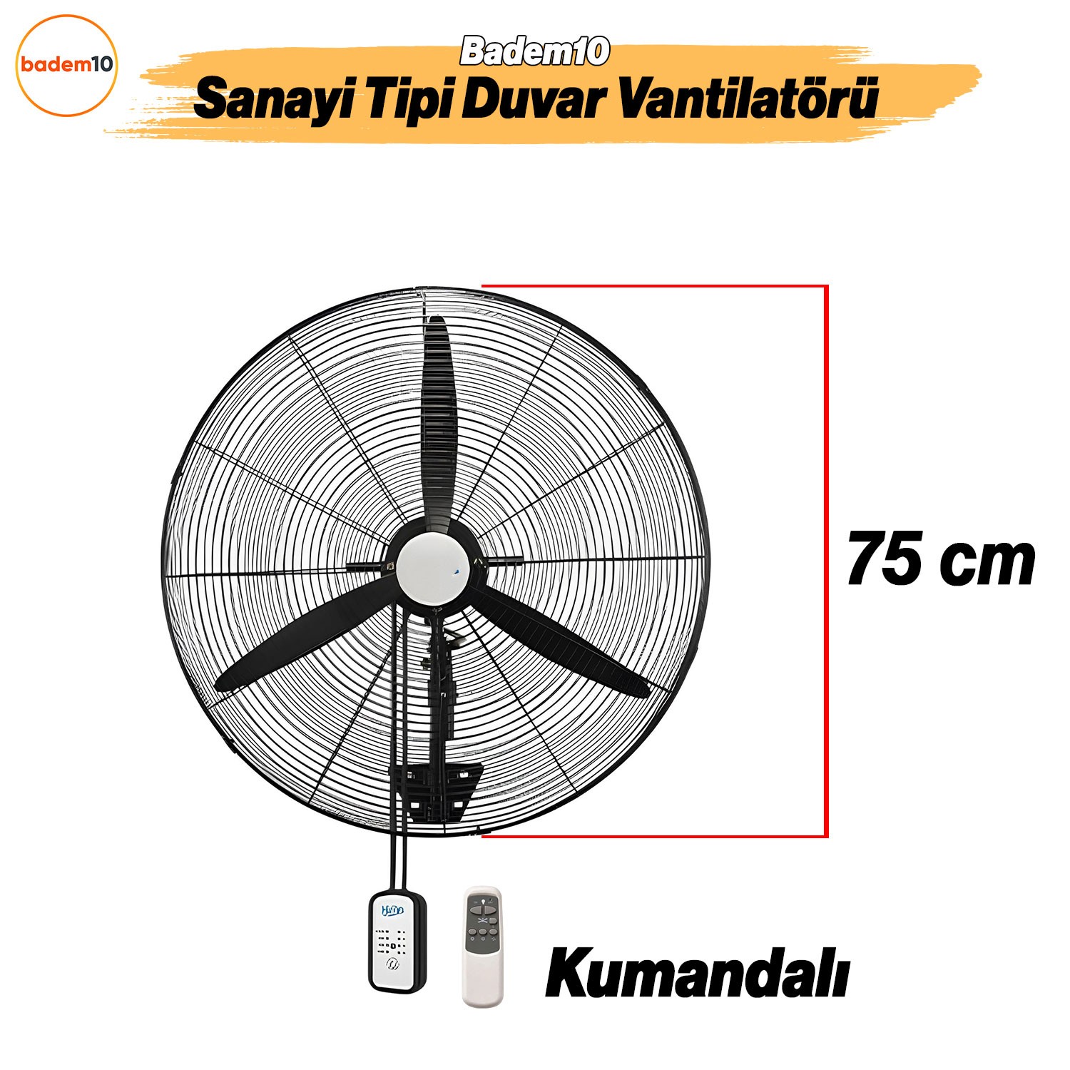 Sanayi Tipi Kumandalı 75 cm 210W Duvar Vantilatörü Endüstriyel Sessiz Duvara Monte Zincirli Fan