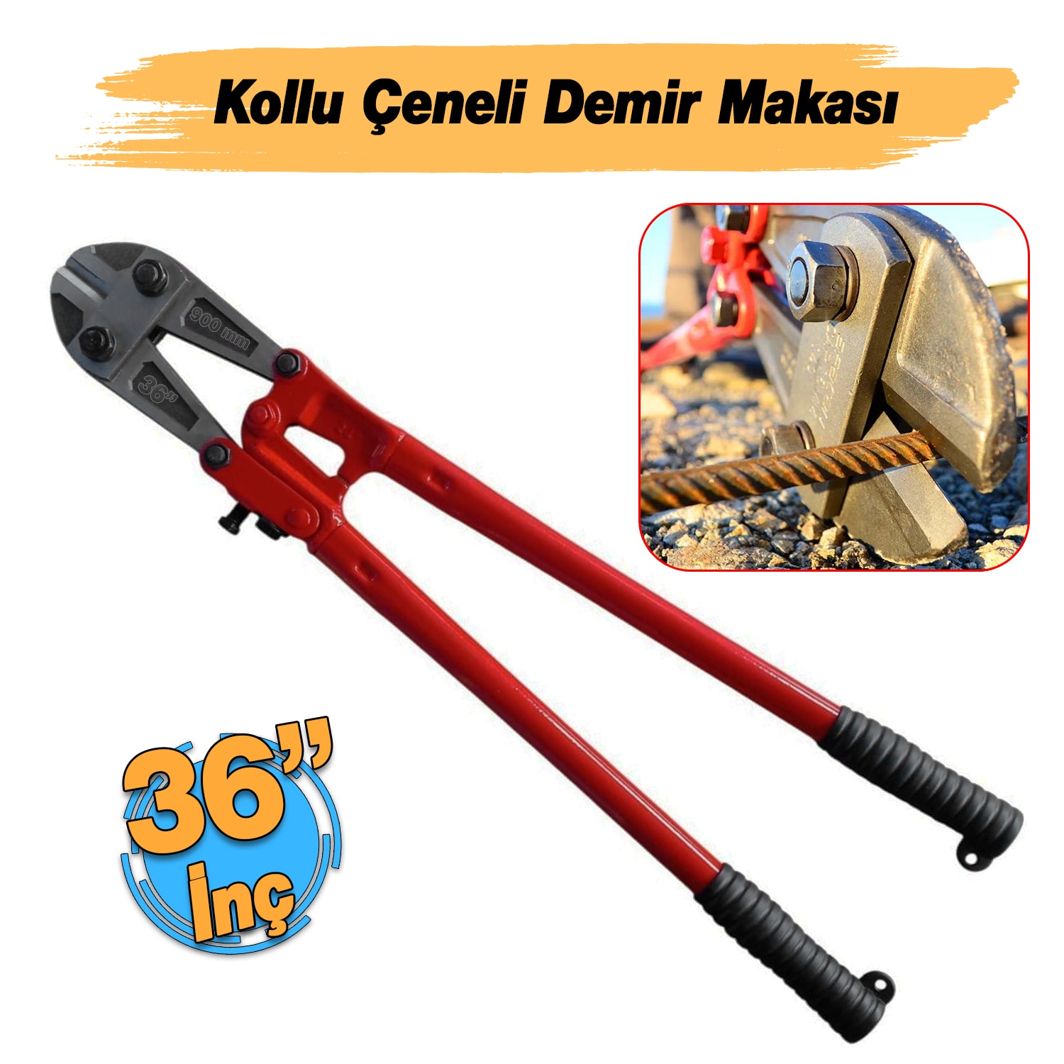 (36'') Kollu Çeneli Kupplon Demir Kesme Makası Çubuk İnşaat Demiri Teli Metal Kesim Makası CR-V