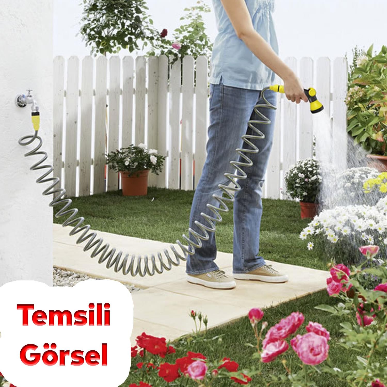 Spiral Uzayan Hortum Seti 6 Fonksiyonlu Tabanca Bahçe Çeşme Su Hortumu Sulama Araç Yıkama 10 Metre