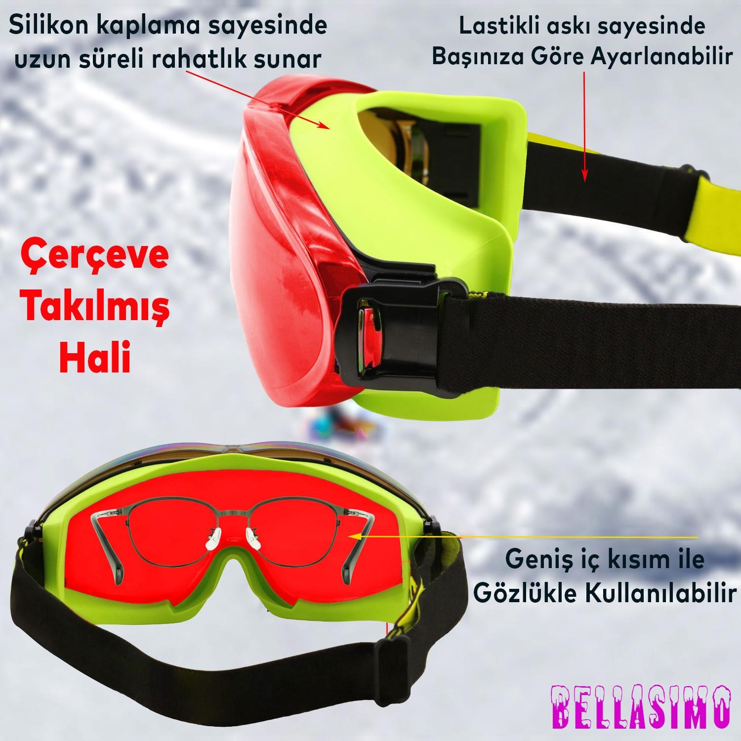 Bellasimo Çerçevesiz Kayak Gözlüğü Camı Lens Değiştirebilir Cam Antifog Güneş Kar Gözlük Camı Kırmızı