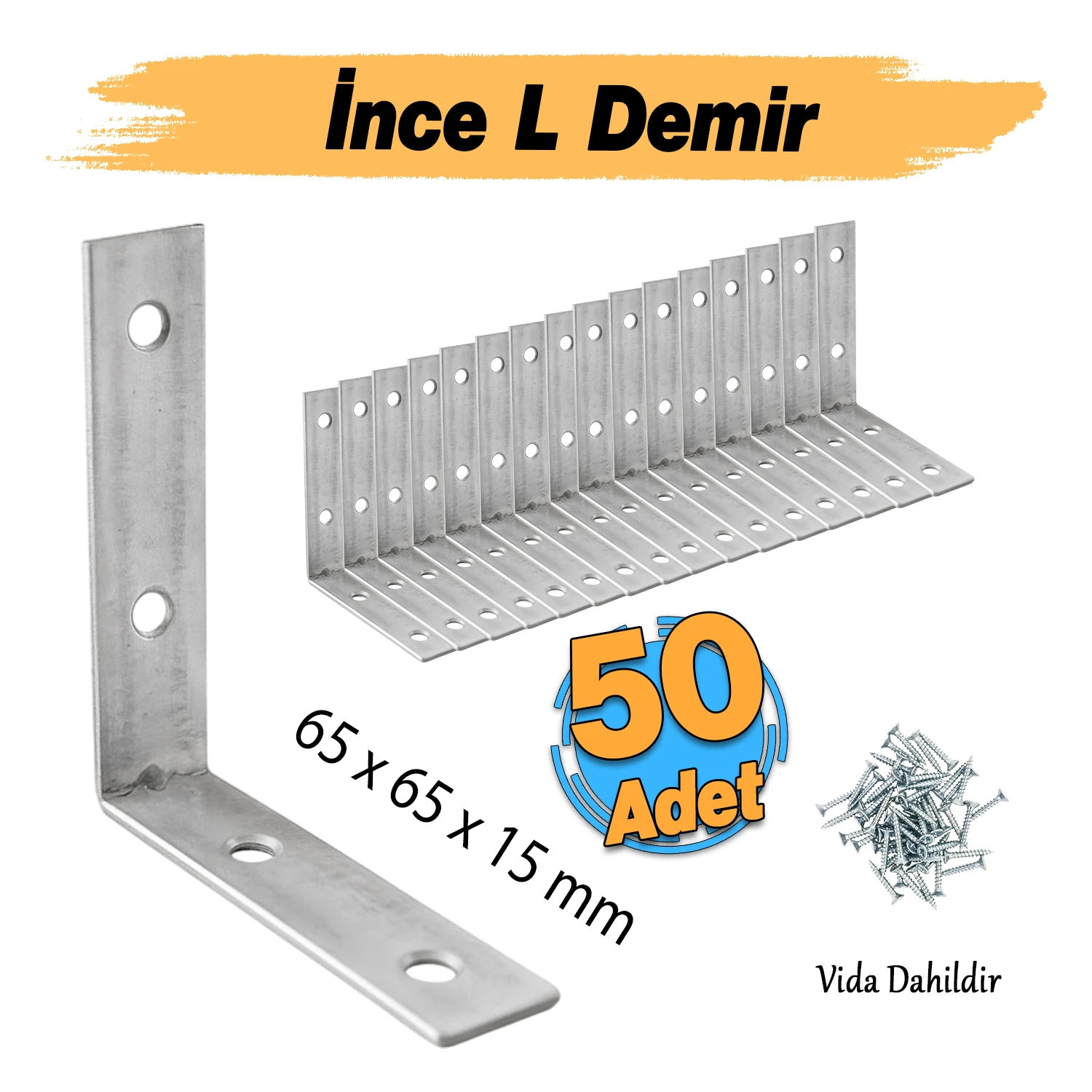 (50 ADET) Metal Köşebent 65x65x15 mm İnce L Demiri Gönye Mobilya Duvar Sabitleme Bağlantı Aparatı