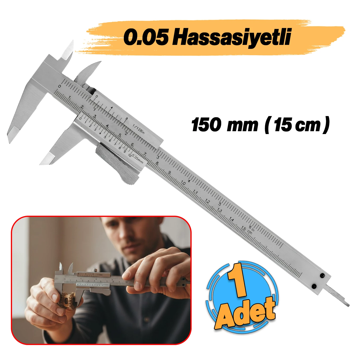 (0.05 Hassasiyet) Kilitli Mekanik Kumpas Monoblok Metal Gövde 150 mm İç Dış Derinlik Ölçüm Aleti