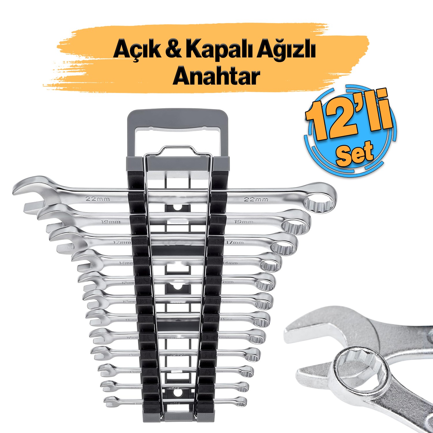 İki Ağızlı Açık ve Kapalı Anahtar Seti 12'li Set Adet Düz 6-7-8-9-10-12-13-14-17-19-22 mm Kombine