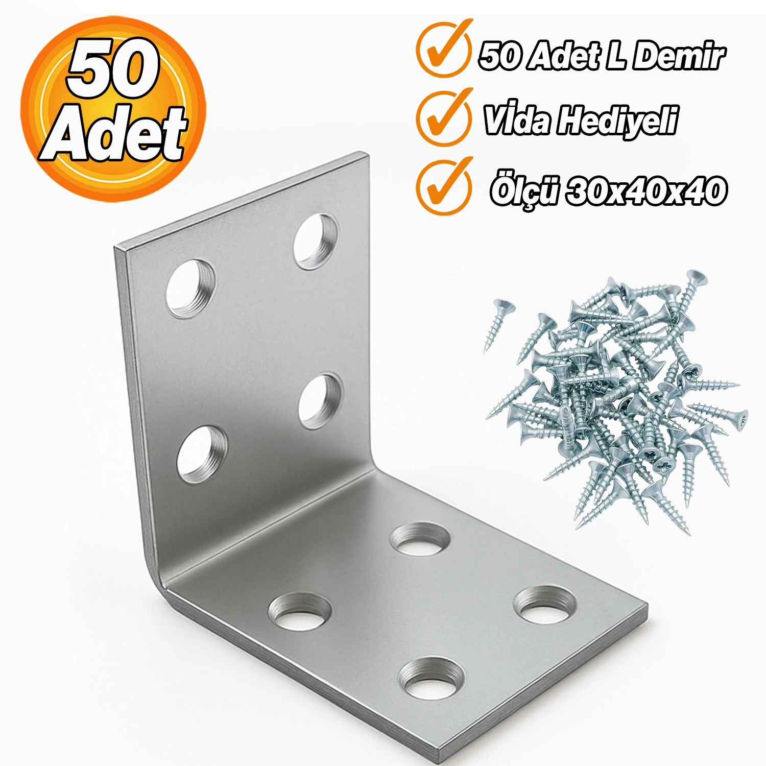 Dayanıklı Metal L Demir Köşebent 30x40x40 mm 50 Adet Mobilya Duvar Köşe Sabitleme Gönye Aparatı