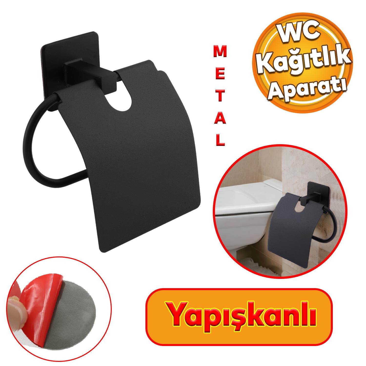 Tuvalet Kağıtlık Yapışkanlı Kapaklı Aparat WC Kağıt Standı Paslanmaz Metal Sağlam Siyah Estetik