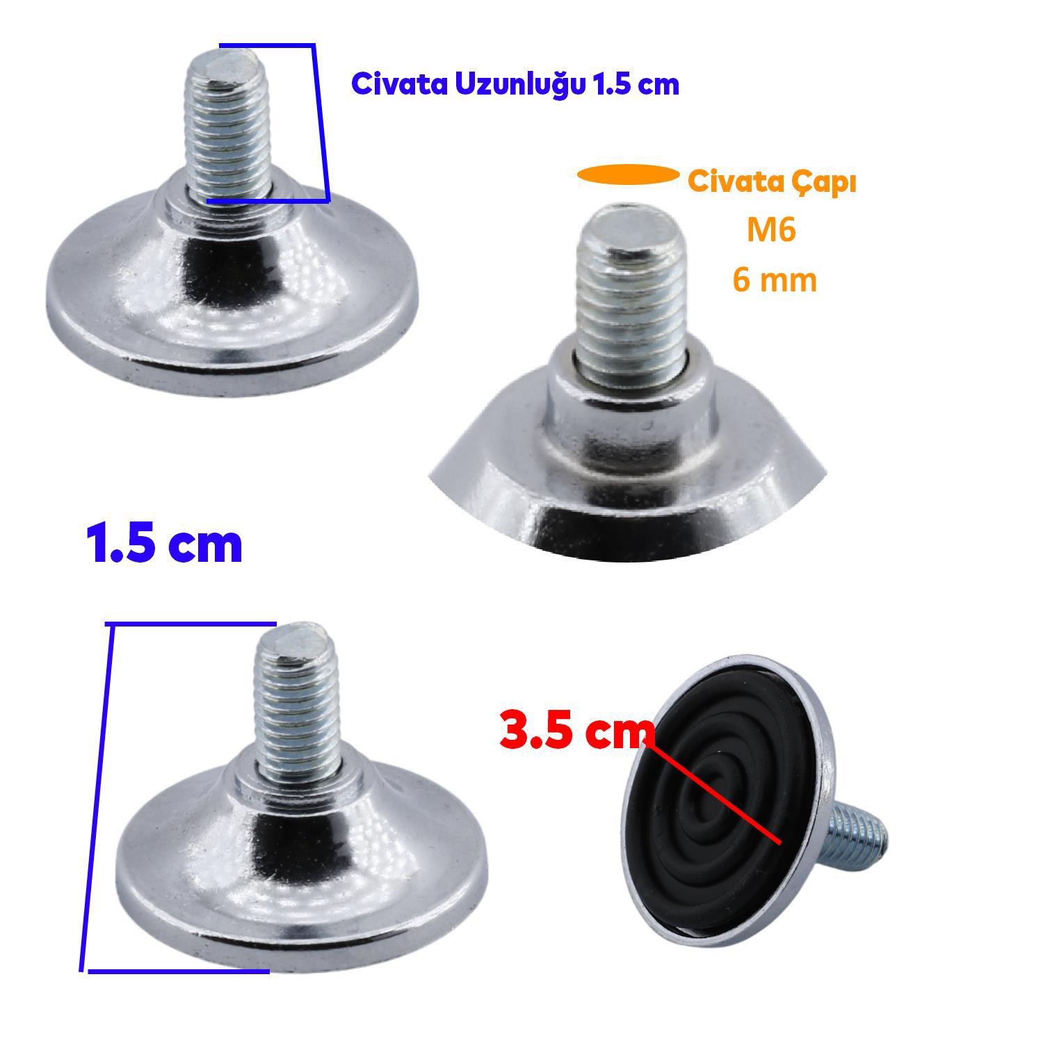 Küçük Rotil Ayak M6 Civatalı 6 mm Metal Beyaz Eşya Raf Reyon Mobilya Profil Ayağı 1.5 cm (4 Adet)