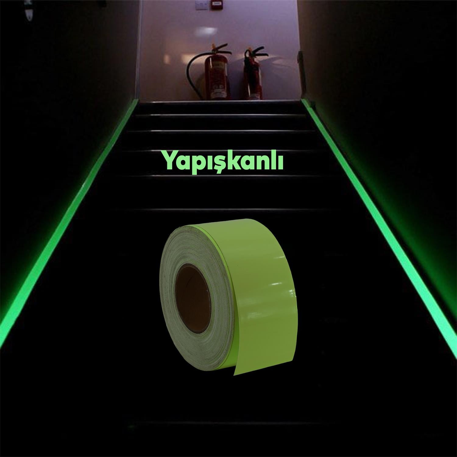 Fotolümen Gece Parlayan 7.5 cm Yeşil Reflektörlü Fosforlu Reflektif Düz Şerit Bant 10 Mt İkaz Bandı