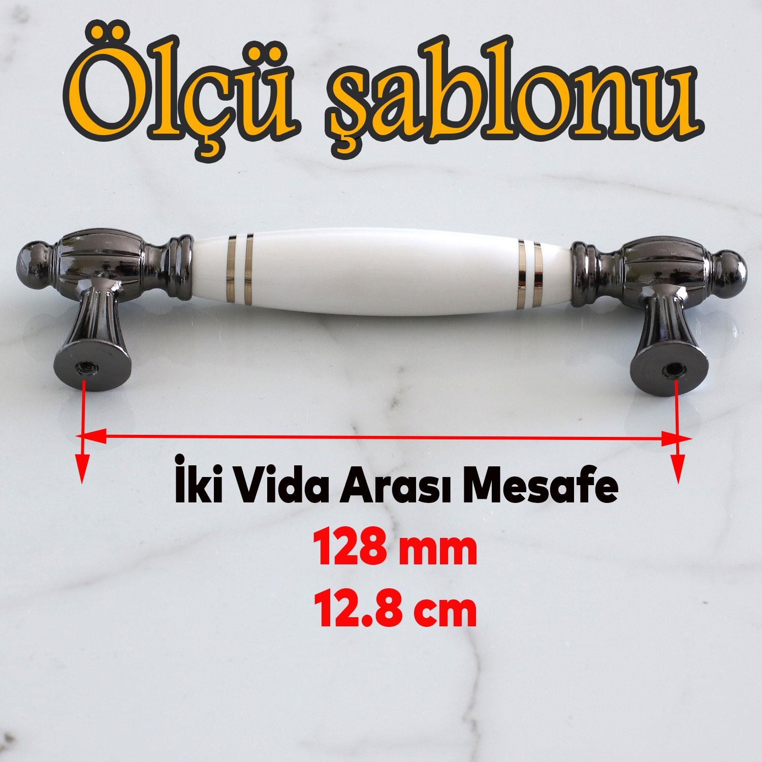 Mira Gerçek Porselen Beyaz Füme Çizgili 128 mm Mobilya Mutfak Kulp Çekmece Dolap Kulplar Kulpu Kulbu