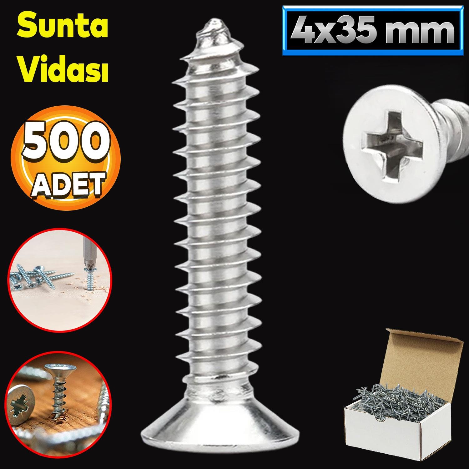 Sunta Vidası 4x35 Mm Paket 500 Adet Sivri Uçlu Ahşap Tahta Ağaç Mobilya Ayak Kulp Vidası