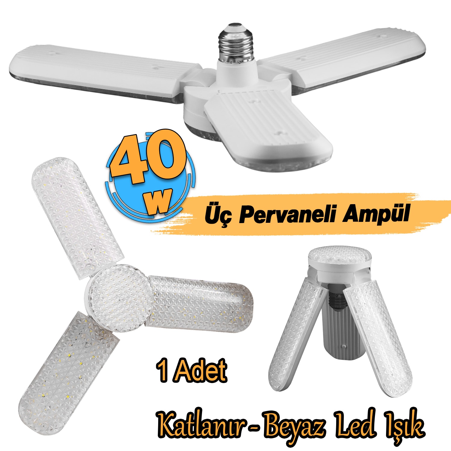 Üç Pervaneli Tasarruflu Ampul 40 W Led Lamba Beyaz E27 Duy 3600 Lümen Uzun Ömürlü 220 Volt 1 Adet