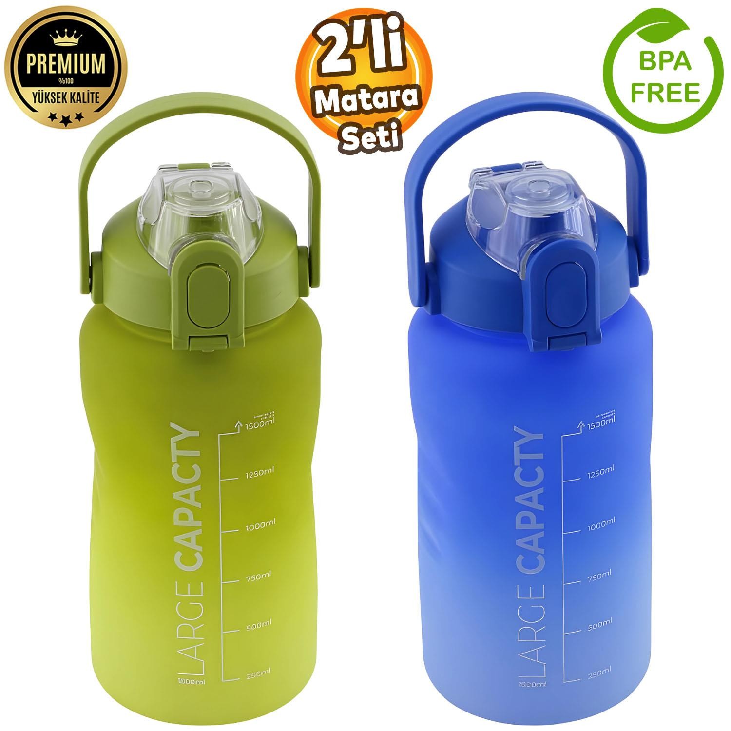 2'li Set Motivasyon Matarası 1500 ml Pipetli Bpa İçermez Çocuk Sporcu Su Şişesi Suluk 1.5 Litre