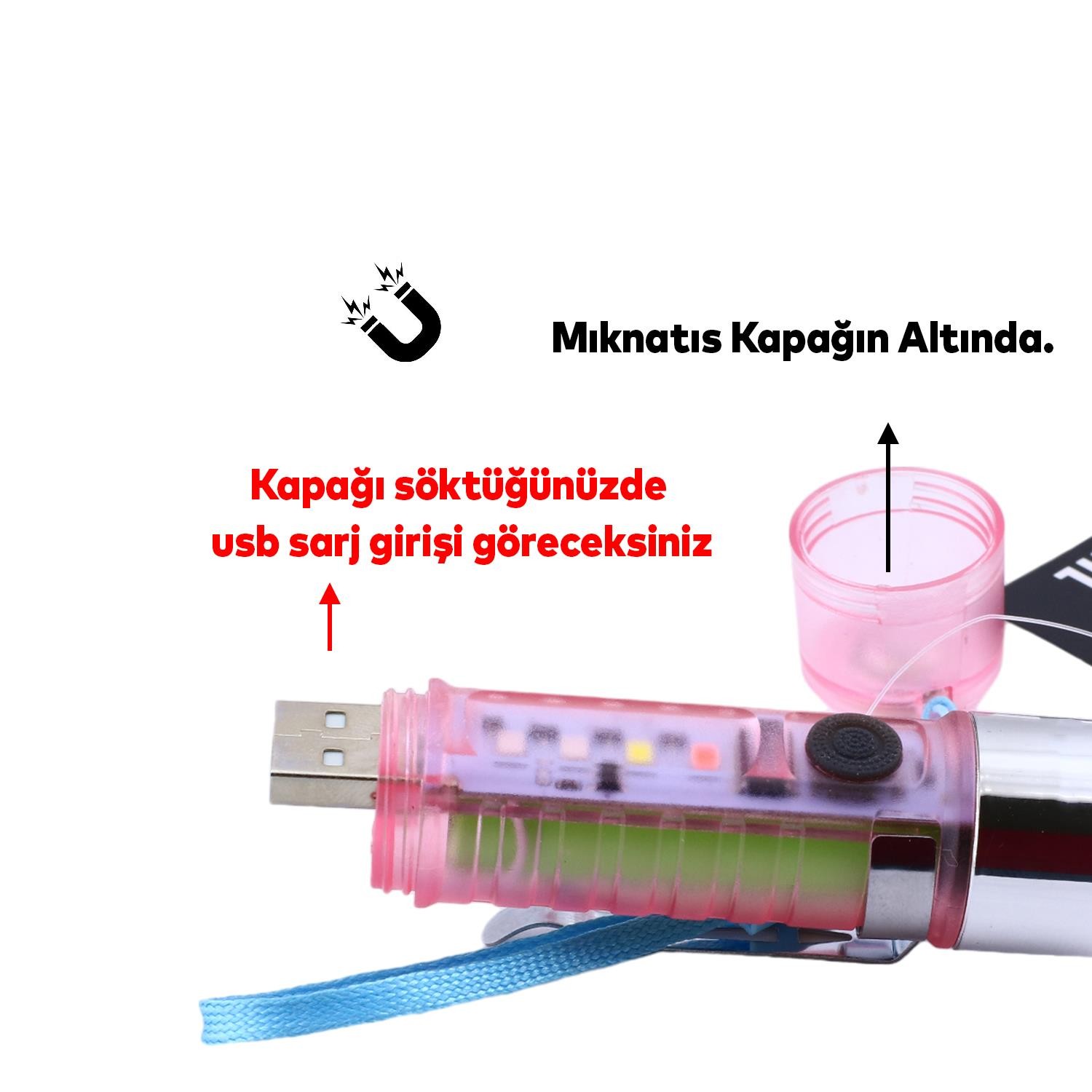 Mıknatıslı Beyaz Işık Kamp Lambası Anahtarlık Led El Feneri USB Şarjlı Işıldak Acil Sos Işık Modlu