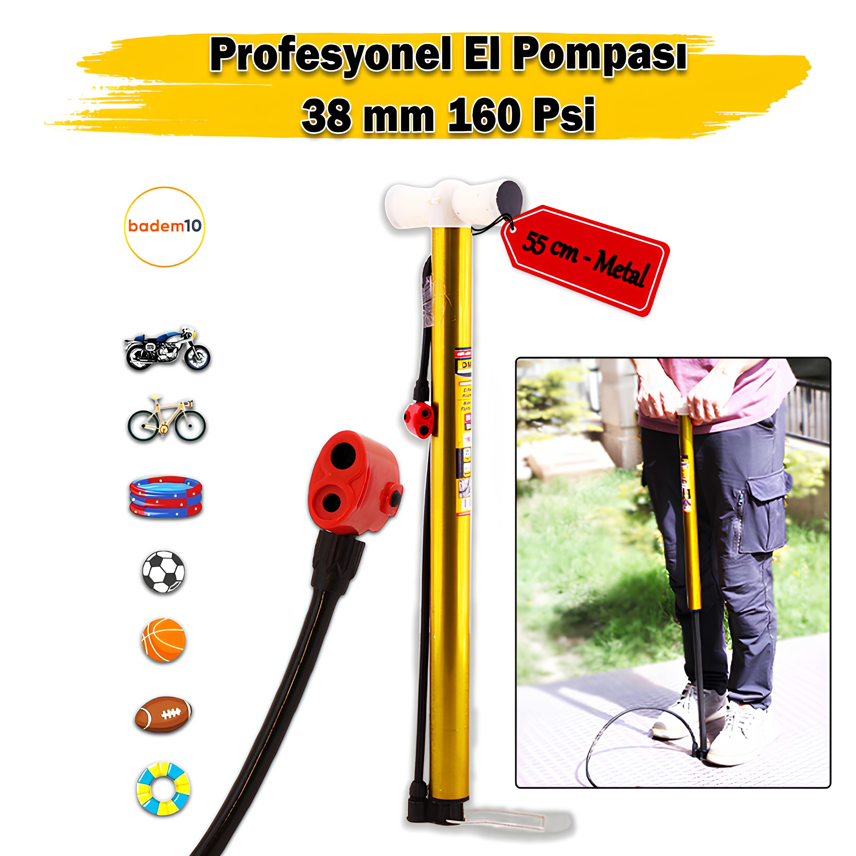 Klasik Bisiklet Pompası 55 cm Pratik El Tipi Ayak Tutamaklı Metal Borulu Top Lastik Şambrel Şişirme