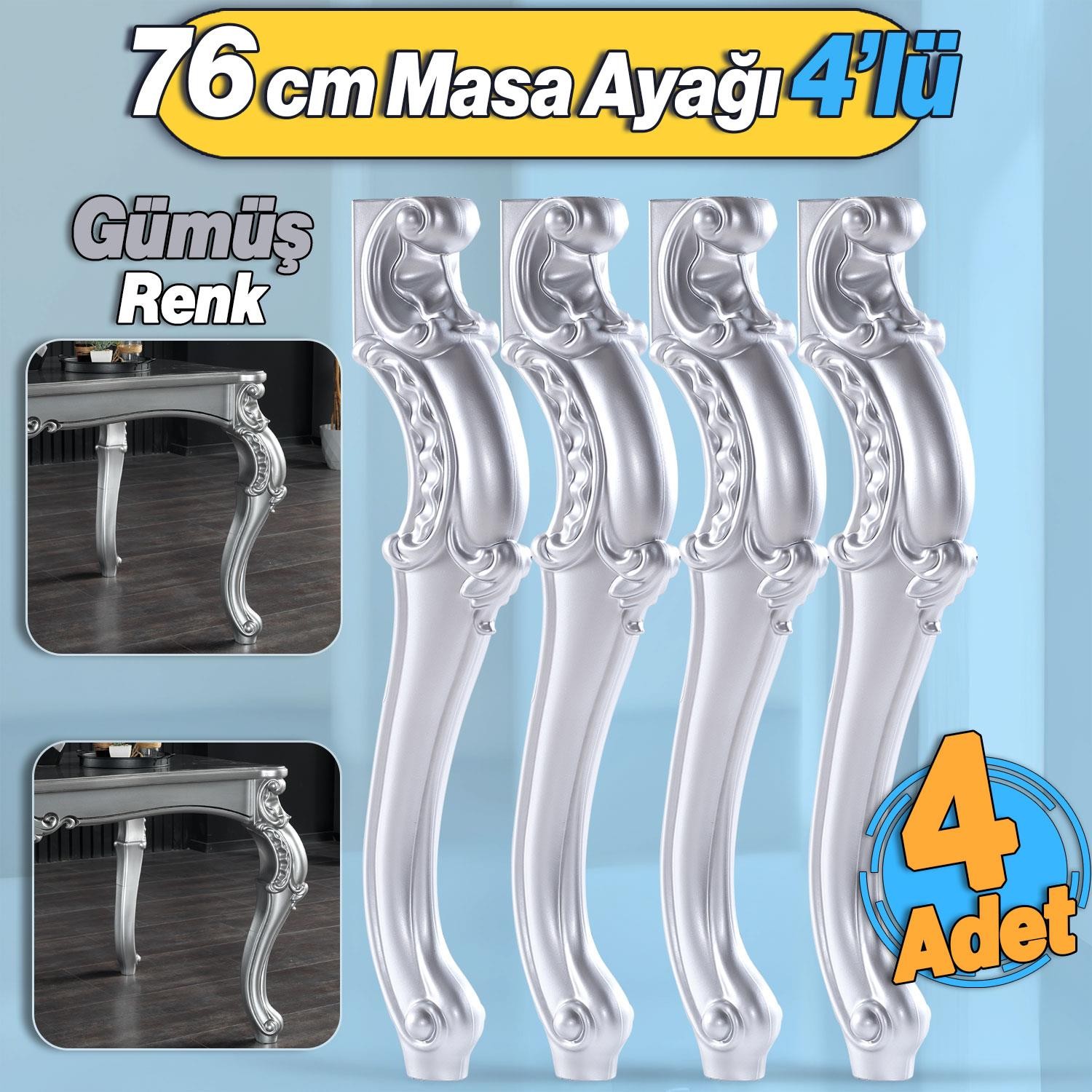 4 Adet Valenta Masa Dresuar Ayağı 76 cm Gümüş Ayak Mutfak Yemek Masası Mobilya Ayakları Gümüş Gri