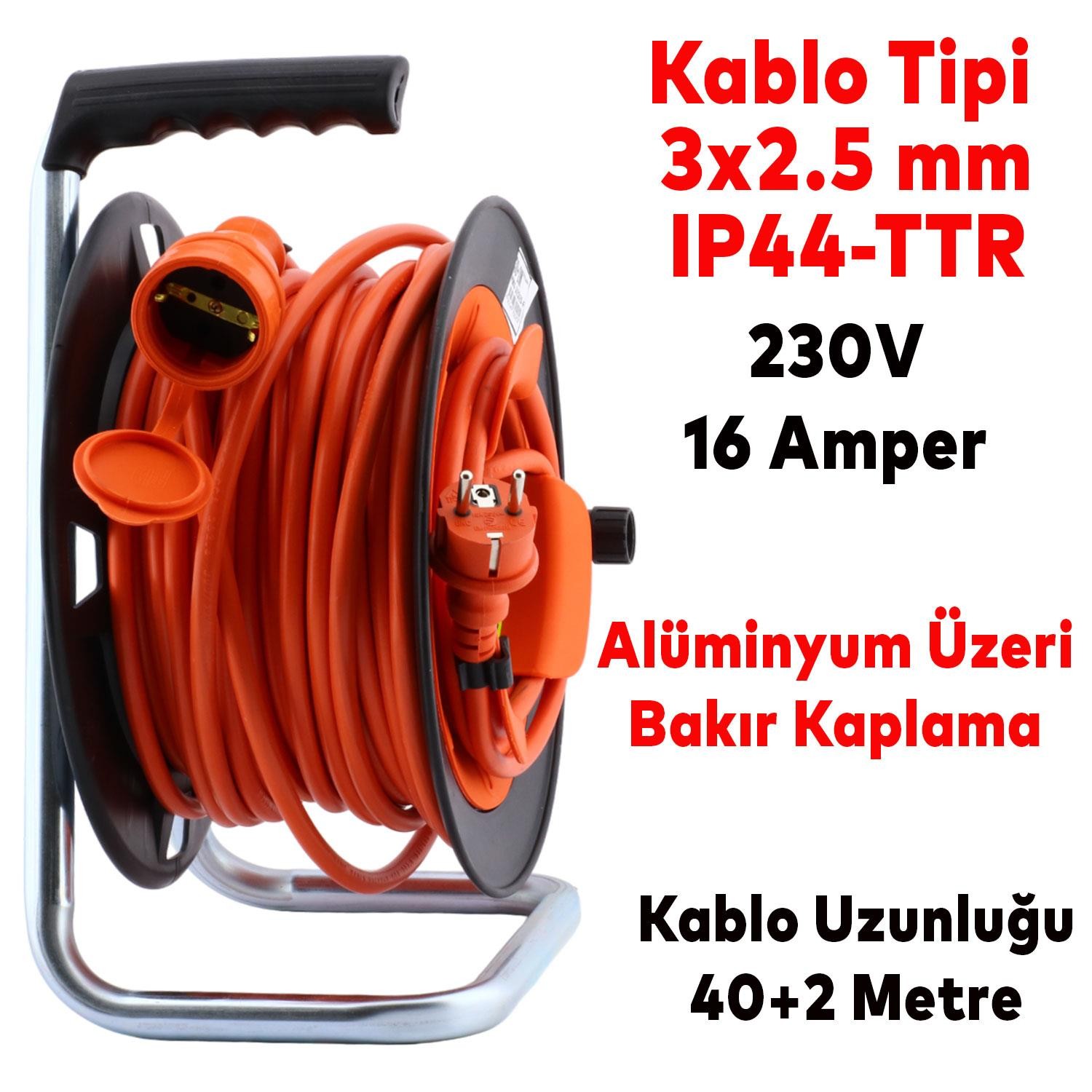 Bylion Makaralı Seyyar Kablo Uzatma Kablosu 3x2.5 mm TTR Kablo 40+2 Metre