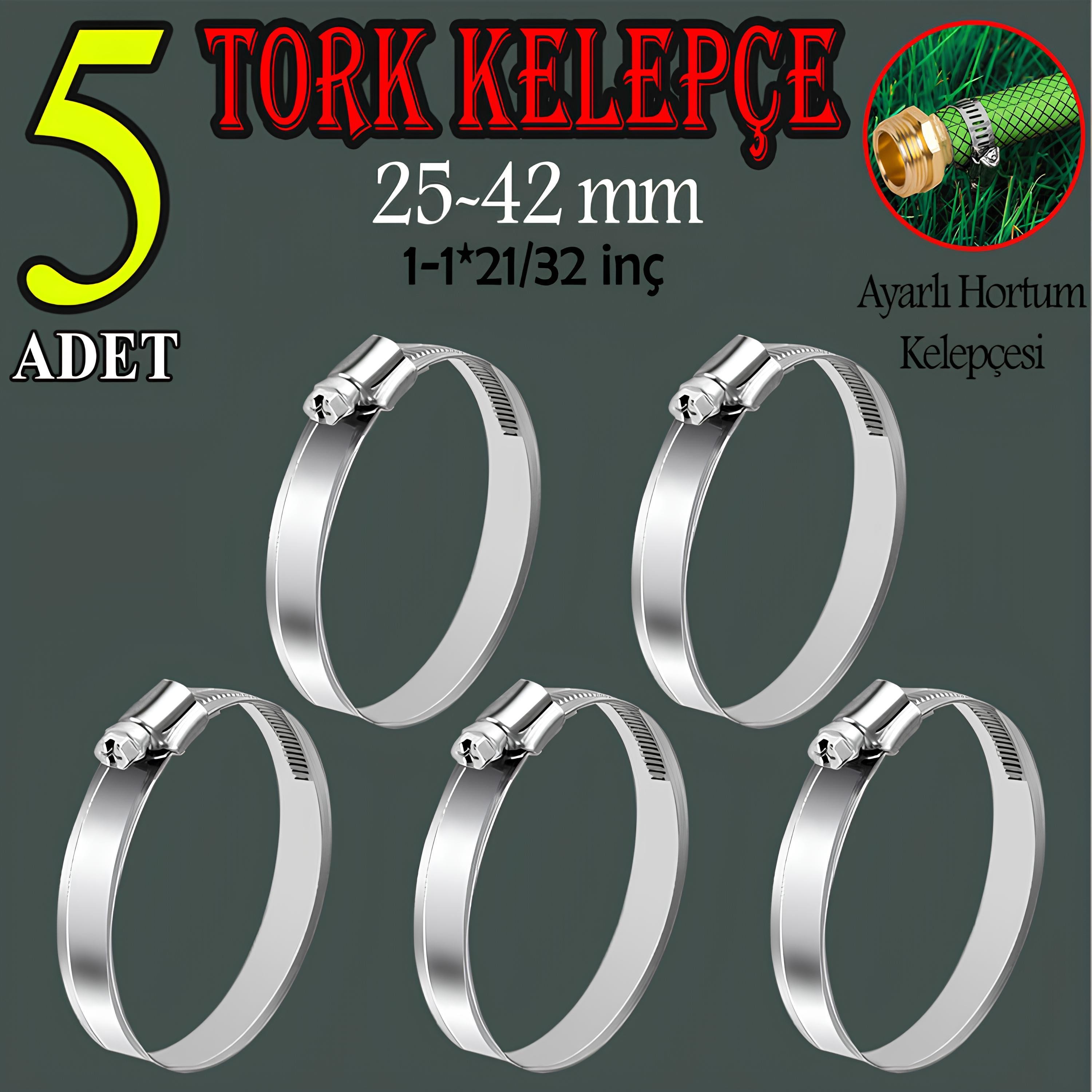 Hortum Kelepçesi Tork Ayarlı 25x42 mm Paslanmaz Çelik Boru Metal Kelepçe Ayarlanabilir klips  5 ADET