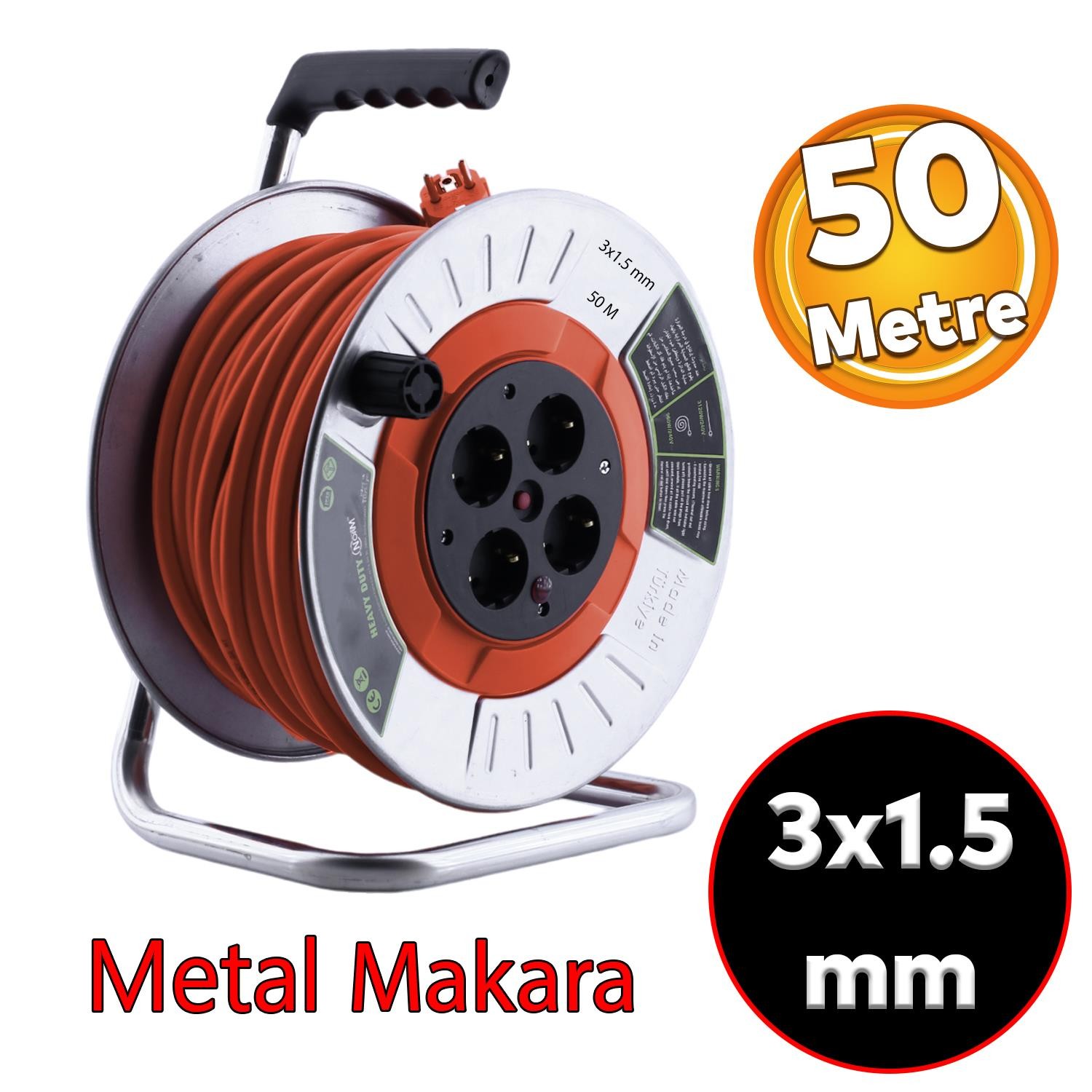 Bylion Metal Makaralı Seyyar CCA Kablo 4 Prizli Monofaze Uzatma Kablosu 3x1.5 mm TTR Kablo 50 Metre