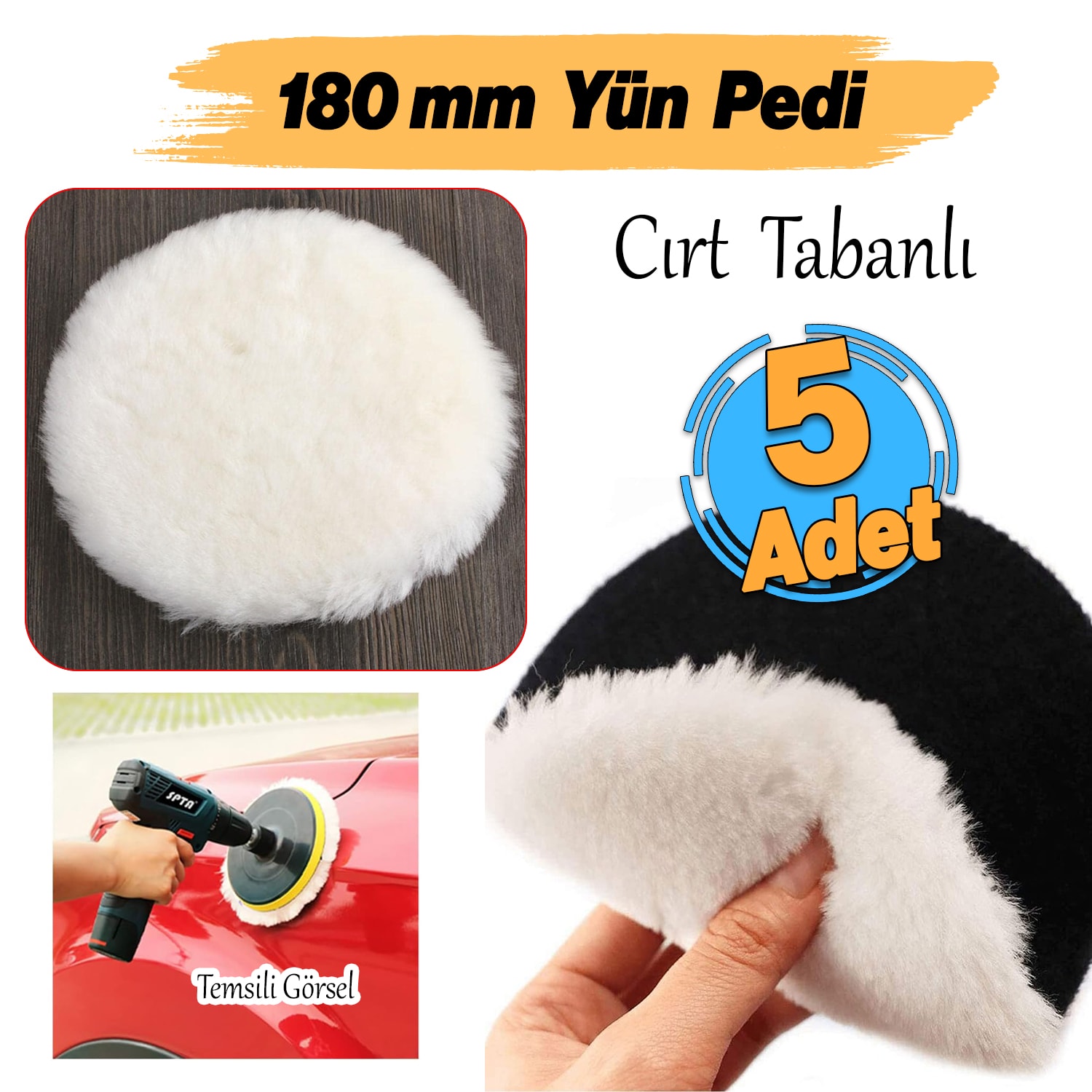 ( 5 Adet ) Yün Ped Ø 180 mm Pasta Cila Polisaj Süngeri Cırt Tabanlı Kuzu Postu Yünü Keçesi Parlatma