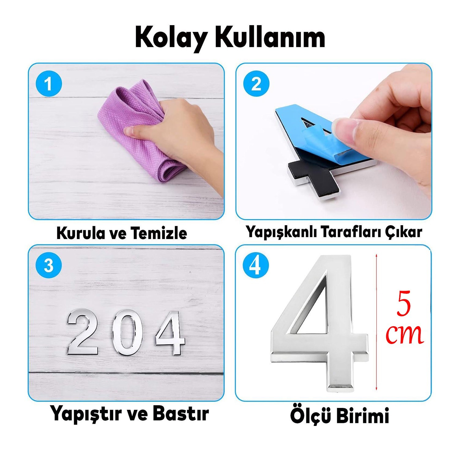 Yapışkanlı Kapı Numarası Küçük Boy 50 mm 5 cm Numara 4 Rakam Dört Sayısı Krom Renk Numaralar 1 Adet