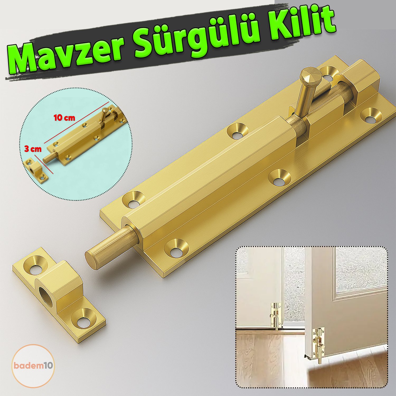 Mavzer Sürgü Kilit Vidalı Metal Kapı Pencere İç Dış Dolap Kilidi Sürgüsü Emniyet Mandalı Pirinç Renk