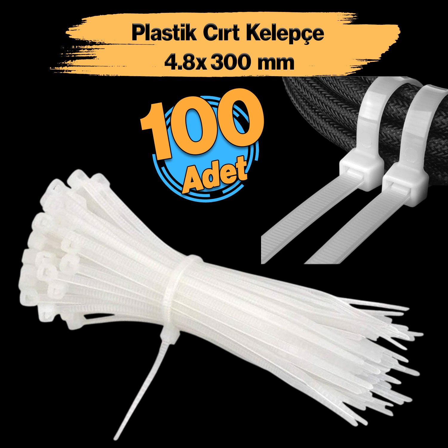 Plastik Cırt Kelepçe (100 Adet)0 4.8x300 mm Beyaz Renk Zip Kablo Bağı Çok Amaçlı Bağlama