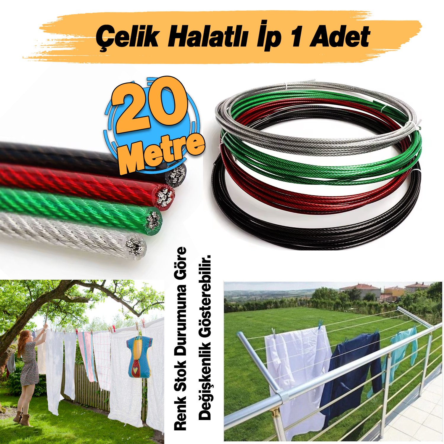 Balkon Çamaşır Kurutma Halatı Çelik Halat Kupeşte Asma Çelik Çamaşır İpi 20 Metre Korkuluk Askısı İp