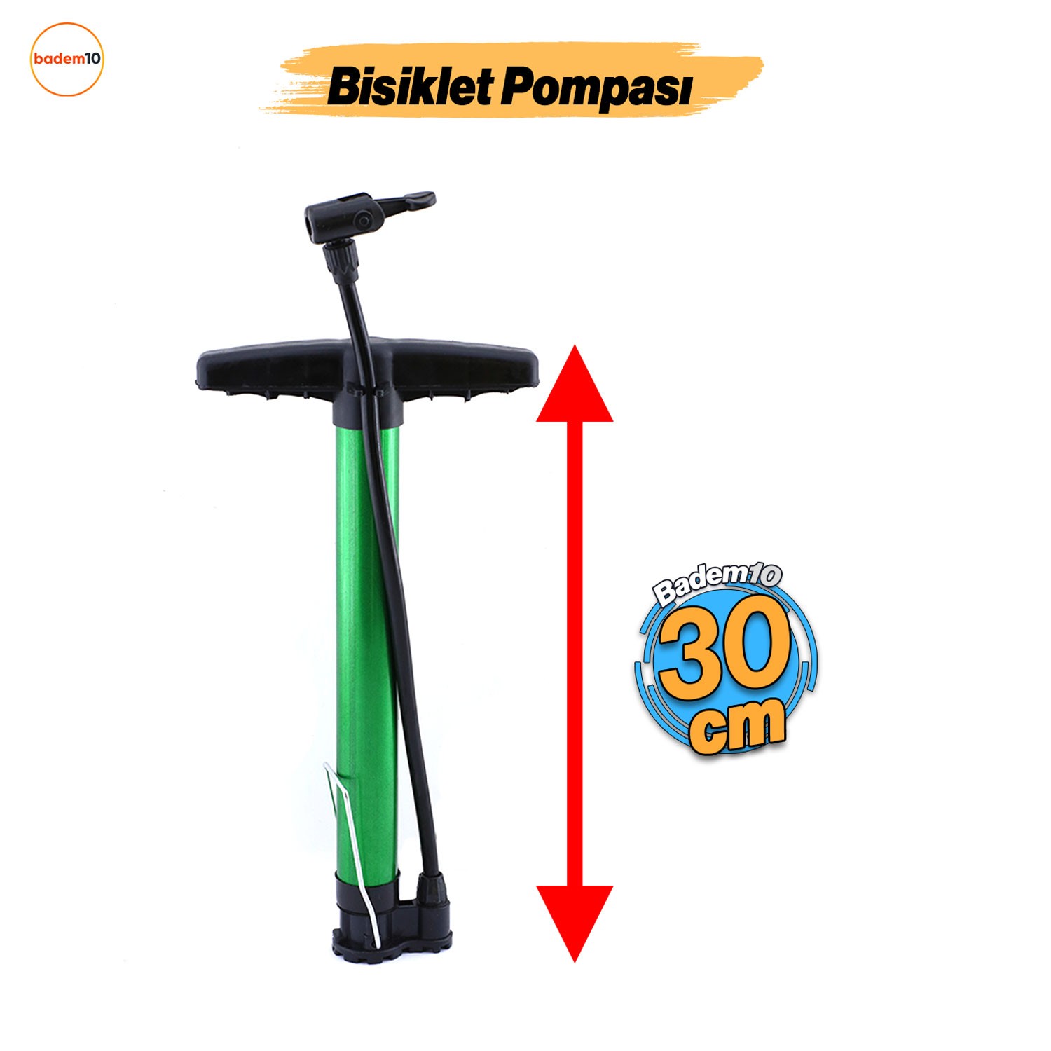 Bisiklet Pompası 30 cm El Tipi Ayak Tutamaklı Hava Top Şişirme Standart Plastik Başlıklı Uçlu Borulu