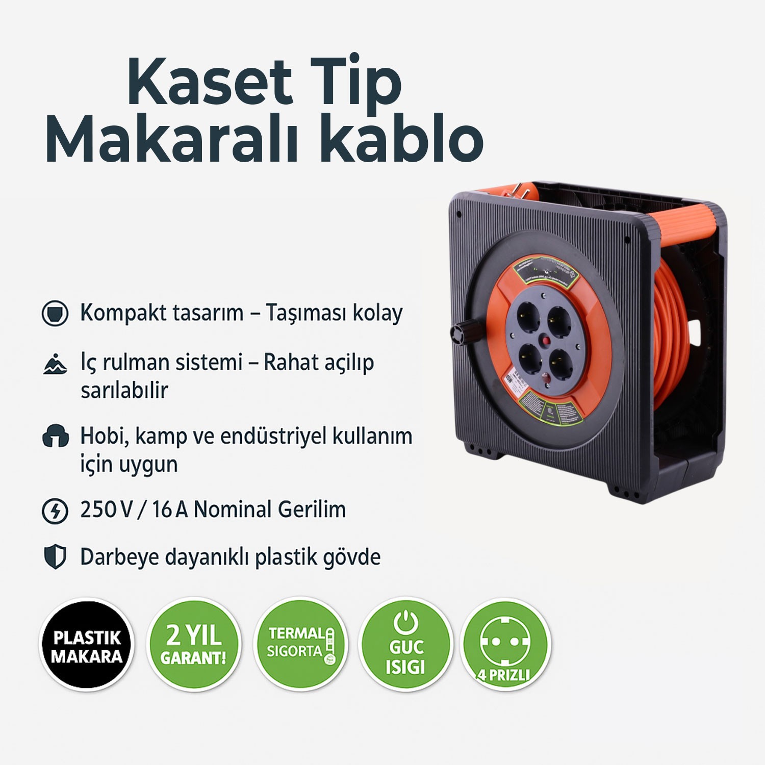 Makaralı CCA Uzatma Kablosu 3x2.5 mm 30 Metre 4 Prizli Monofaze Termal Sigortalı Plastik Seyyar