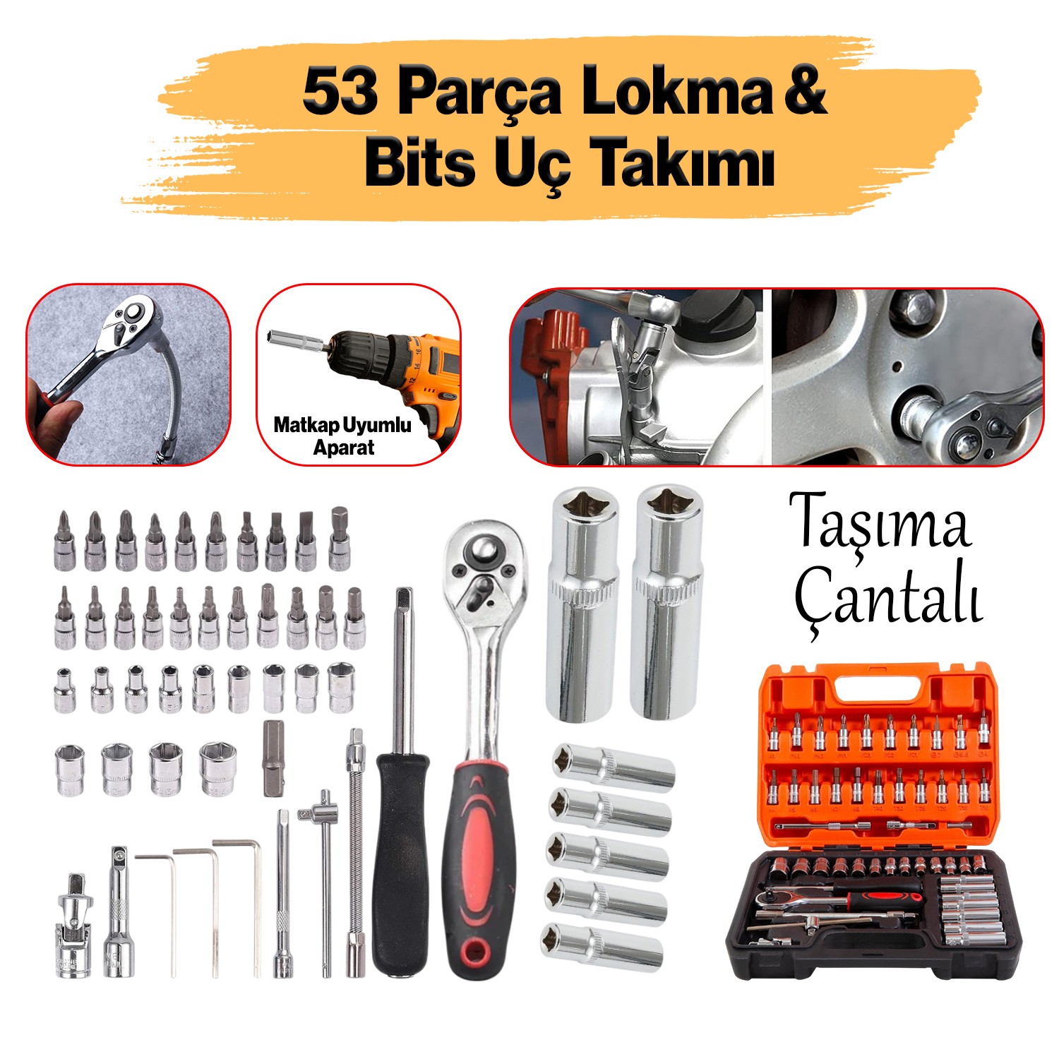 Lokma Anahtar Takımı 53 Parça Uzatma Kolu Mafsallı 1/4 Yıldız Hex Tork Düz Set Bits Uç Allen