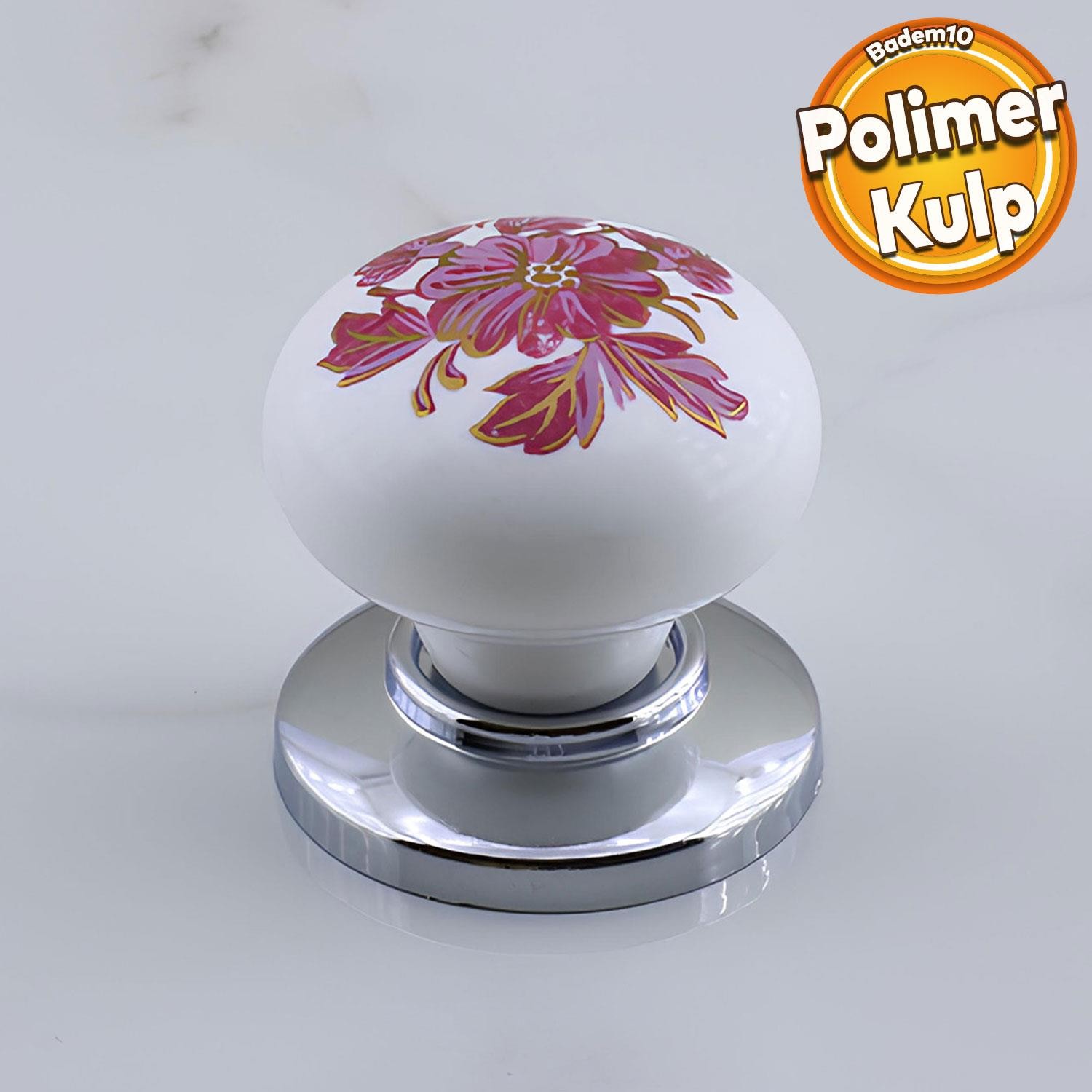 Polimer Düğme Kulp Pembe Desenli Krom Tablalı Dolap Mobilya Mutfak Dolabı Çekmece Dolap Kulpu Kulbu