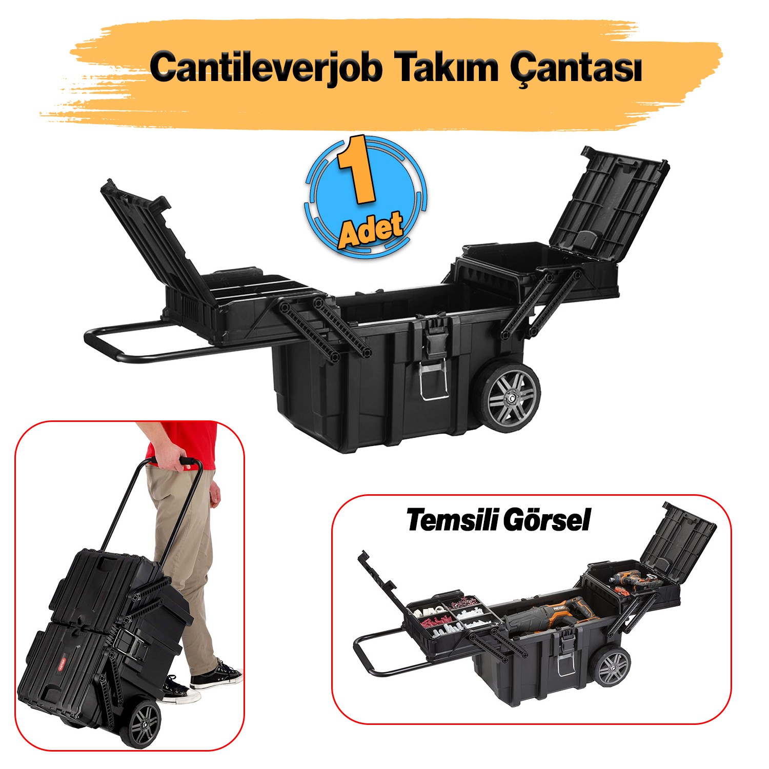 Katlanabilir Cantileverjob Takım Çantası Plastik Organizer Bölmeli Kapaklı Tekerlekli Takım Sandığı