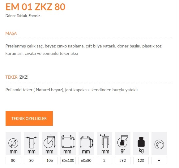 Emes EM01 ZKZ 80 Döner Tablalı Frensiz Kemik Teker 80 mm 120 Kg