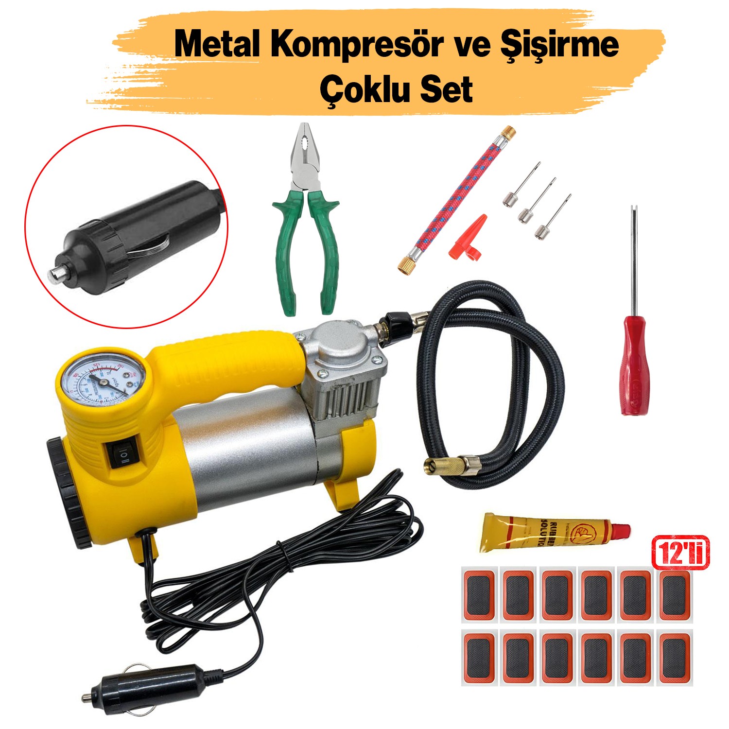 Metal Hava Kompresörü 150 Psı 12V Araç Tipi Çakmaklık Sibop Sökme Lastik Yapıştırma Solüsyon 5 Set