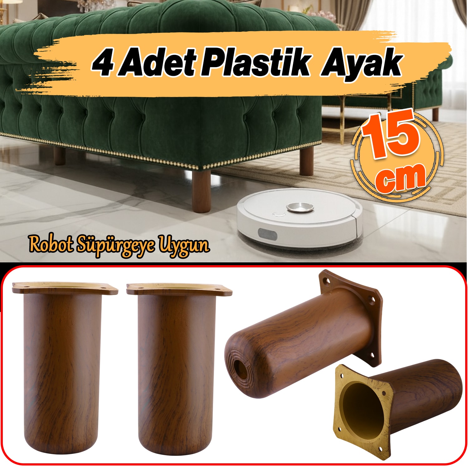 (4 Adet) Plastik Liva Kestane Kahvesi 15 cm Ayak Mobilya Kanepe Koltuk Baza Yükseltme Ayağı Ayakları