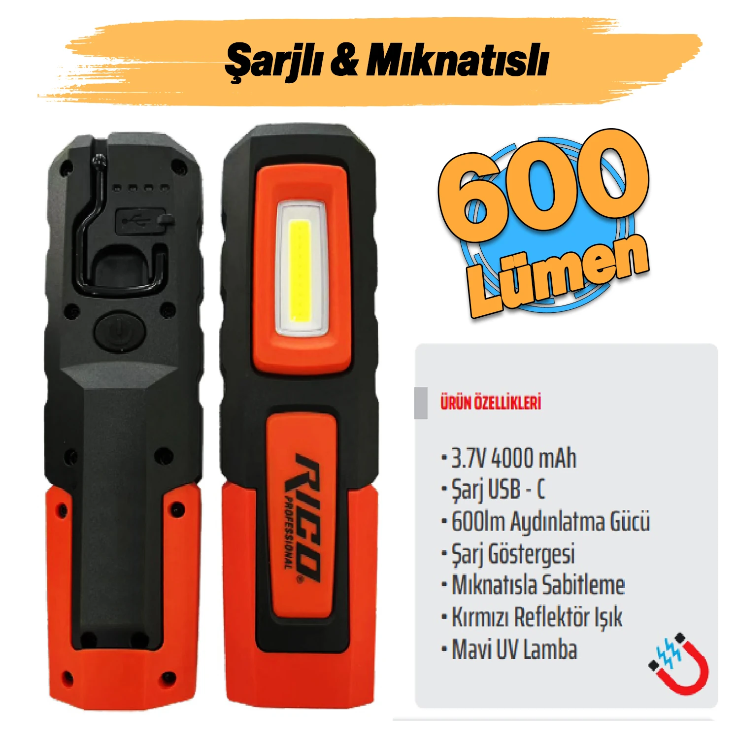 Mıknatıslı Şarjlı Ledli El Feneri 600 Lümen Lambası Spor Kamp Fener SOS & UV Mavi Işık Oto Tamir