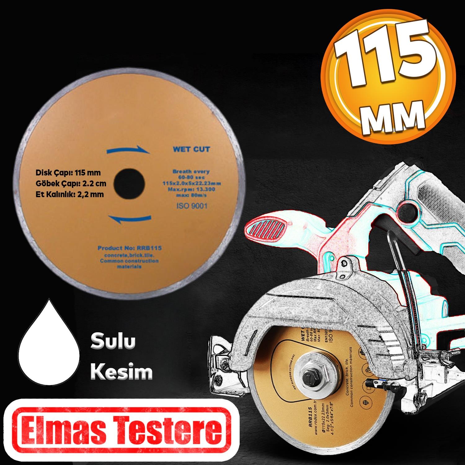 Elmas Testere Beton Tuğla Ahşap Granit Mermer Asfalt Plastik Sulu Kesme Kesici Disk Diski 115 mm