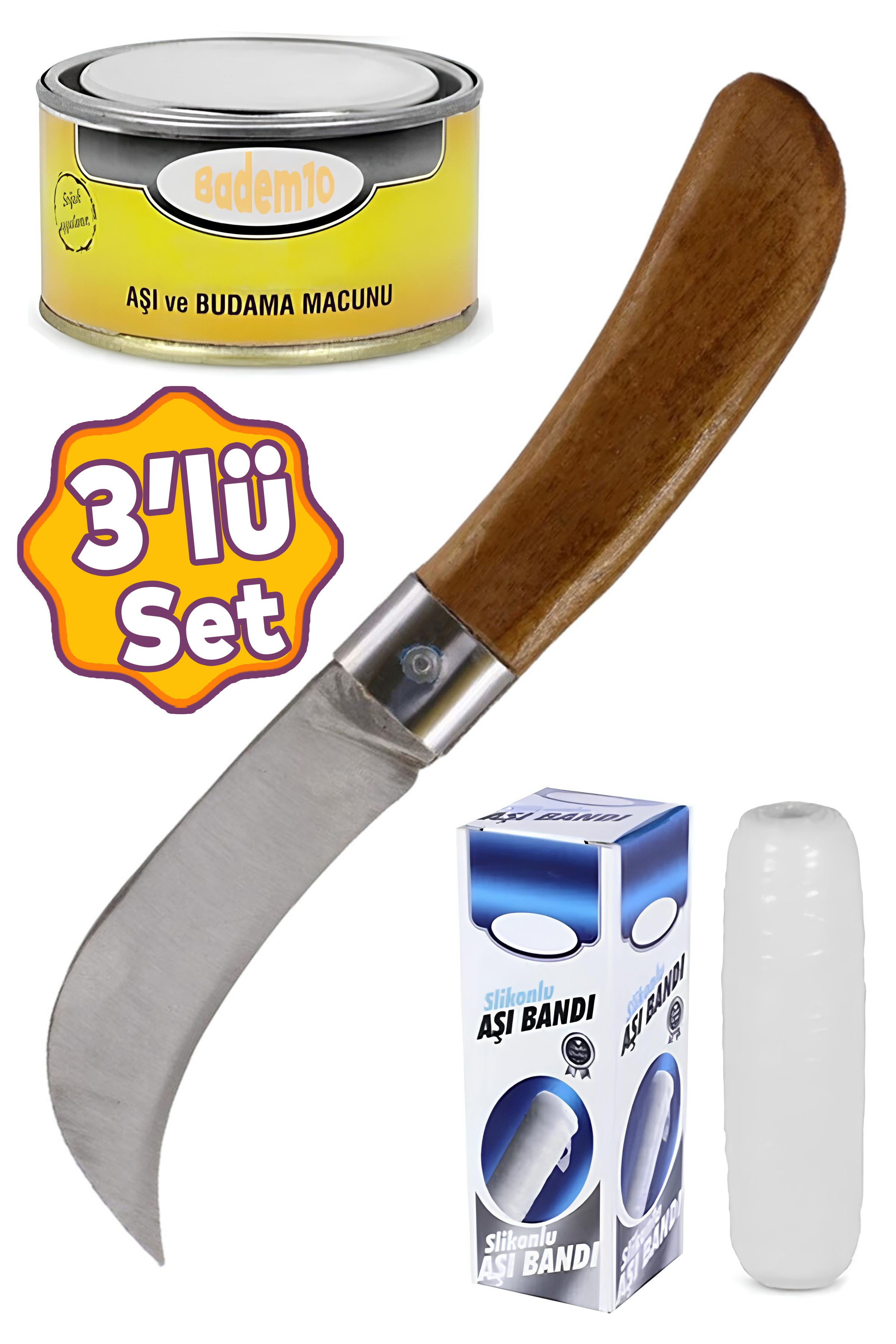 Fidan Aşı Bıçağı Eğri Uçlu Bağ Bıçağı Ara Çakı 21 cm + Aşı Bandı + Aşı Macunu (3'LÜ SET)